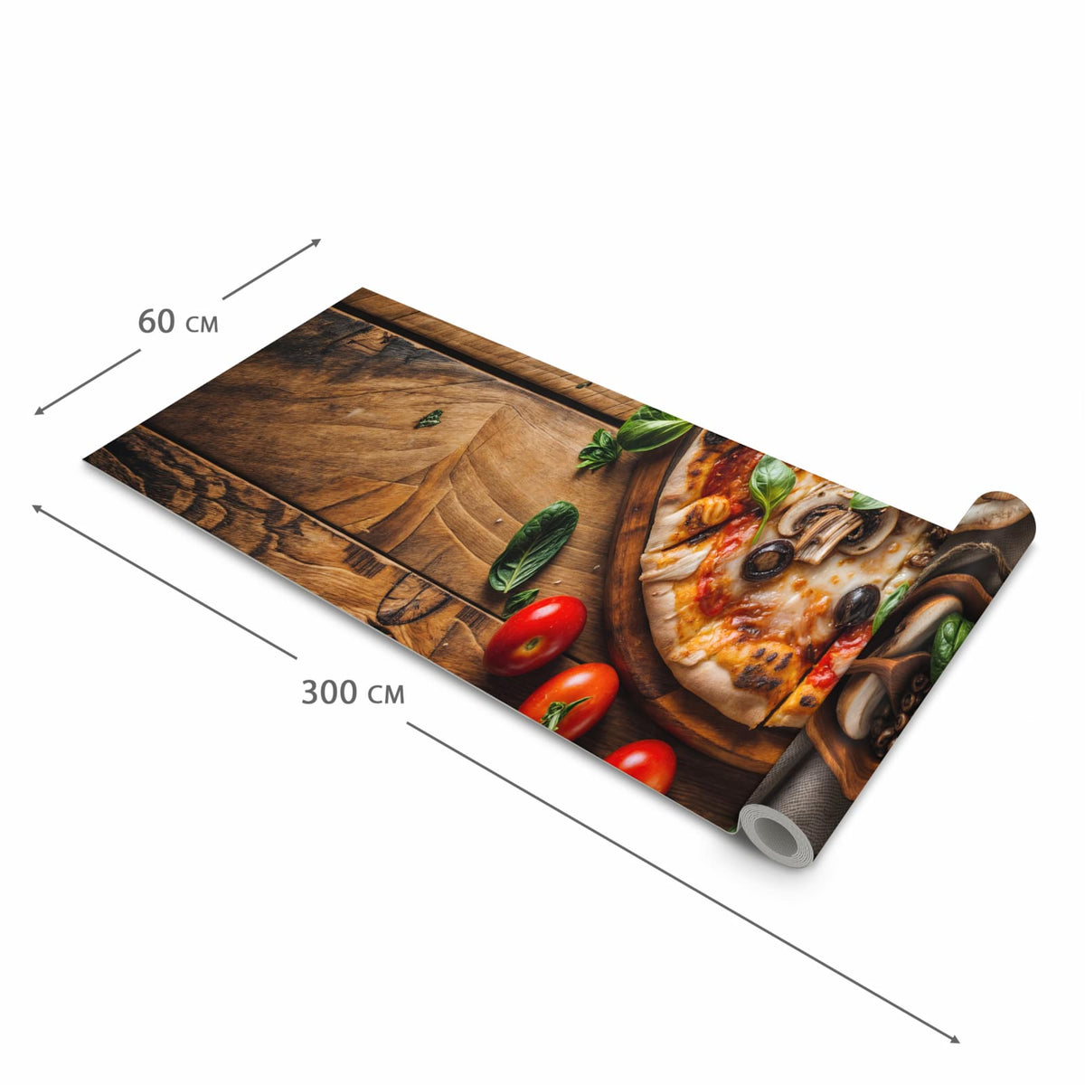 Farbbeständiger rutschfester Küchenteppich mit Motiv Holztisch Pizza in der Grösse 90x240 cm