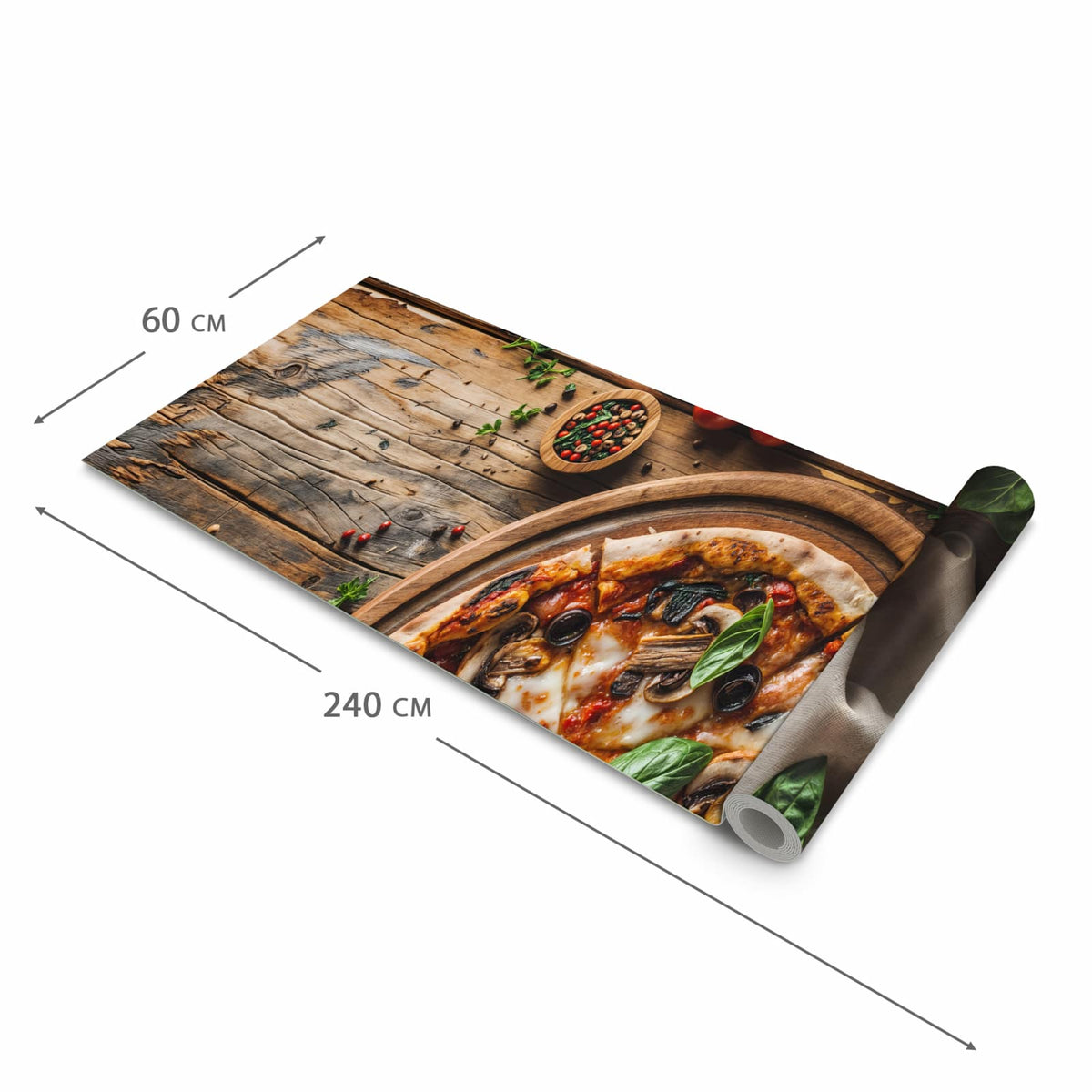 Waschbarer Küchenteppich mit Motiv Holztisch Pizza in der Grösse 90x240 cm für Ordnung