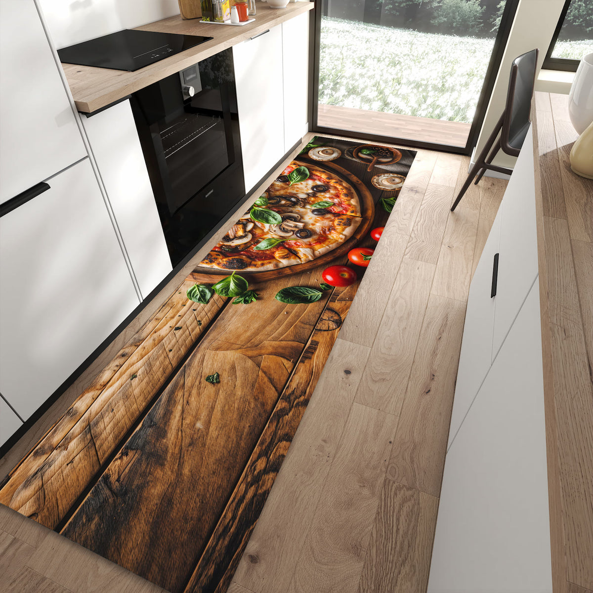Geräuschdämpfender Läufer mit Motiv Holztisch Pizza für Eingangsbereich in moderner Küche