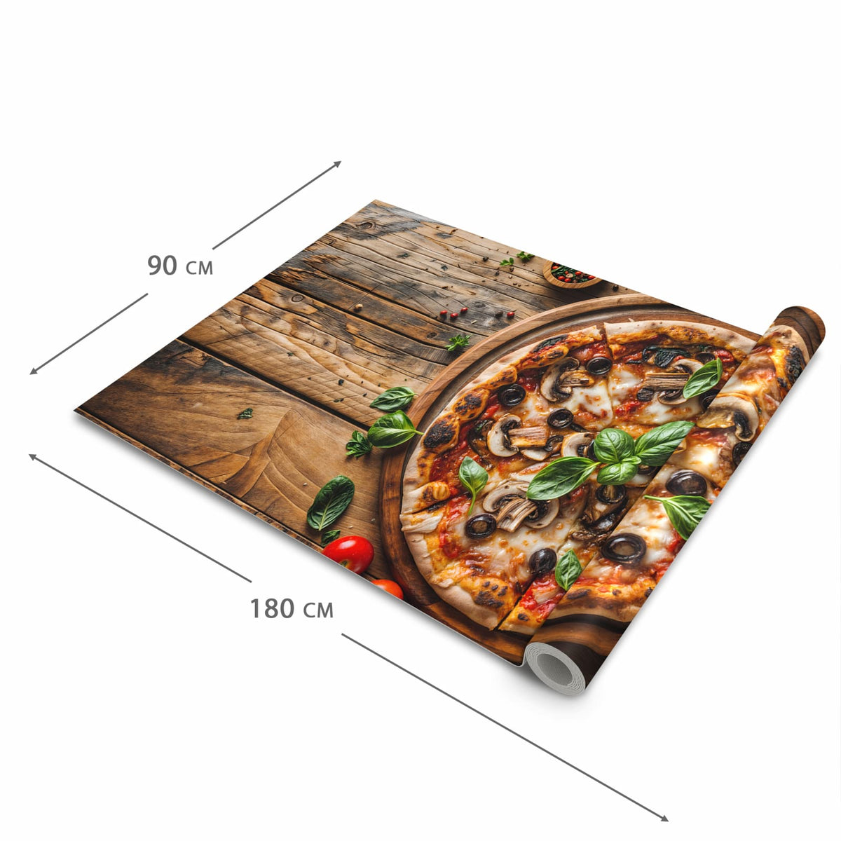 UV-beständiger rutschfester Küchenläufer mit Motiv Holztisch Pizza in der Grösse 90x240 cm