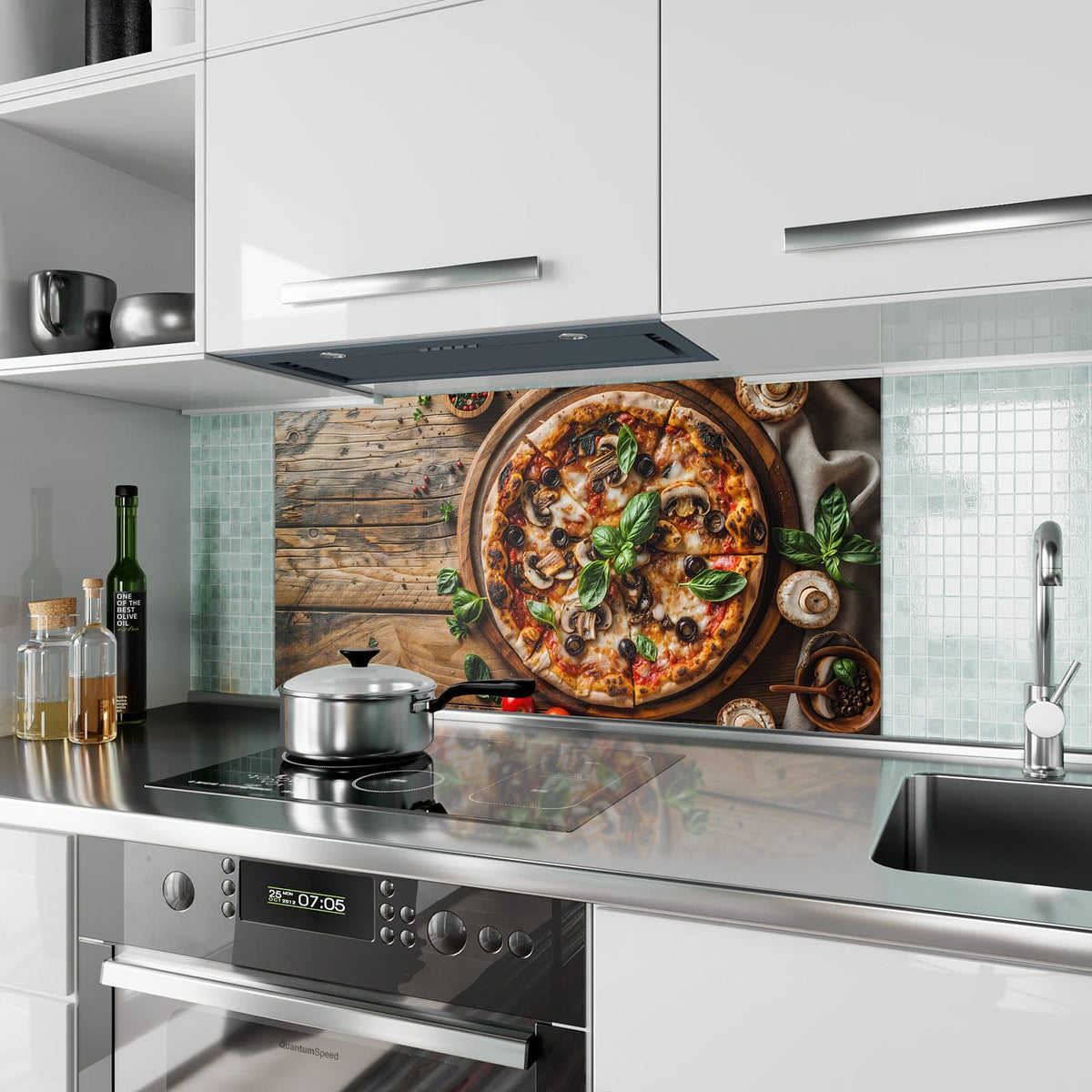 Küchenrückwand aus Glas Pizza mit Champignons im Hochformat als Spritzschutz hinter dem Kochfeld, über dem Fliesenspiegel montiert