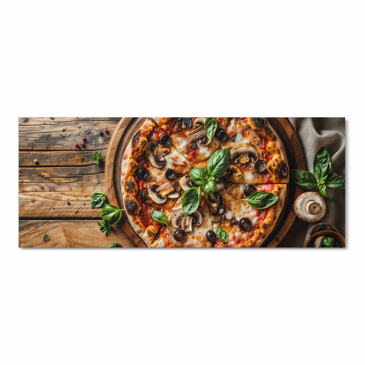 Hygienischer rutschfester Küchenläufer mit Motiv Holztisch Pizza in Frontansicht