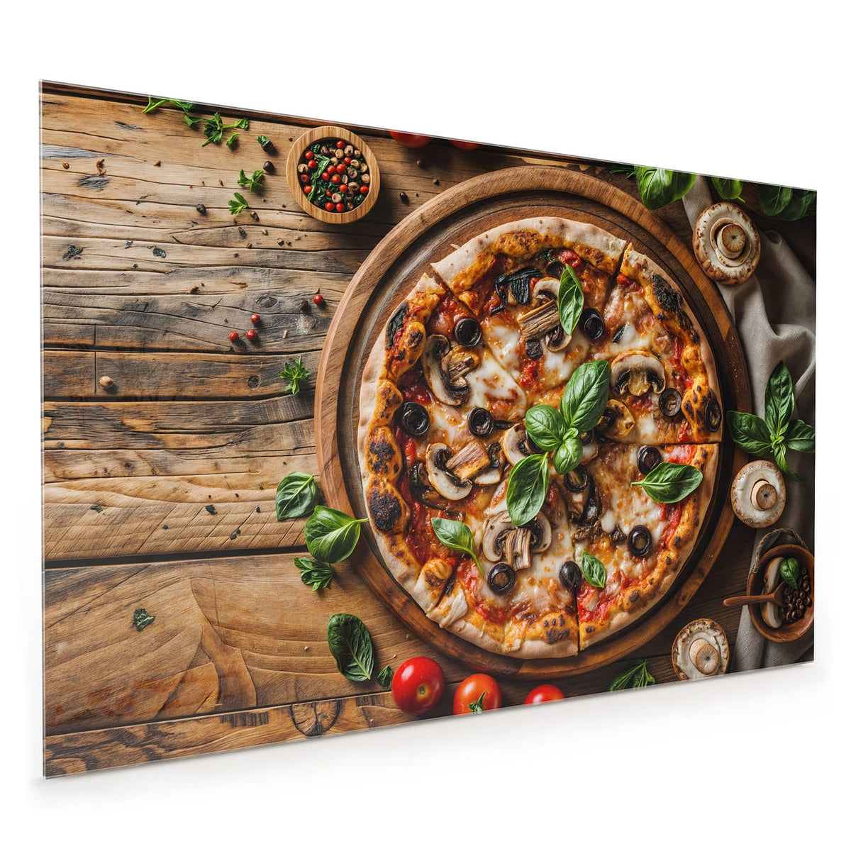 Küchenrückwand aus Glas im Hochformat: Runde Pizza mit Champignons, schwarzen Oliven und Basilikum auf Holzbrett, ringsum Tomaten und Pilze.