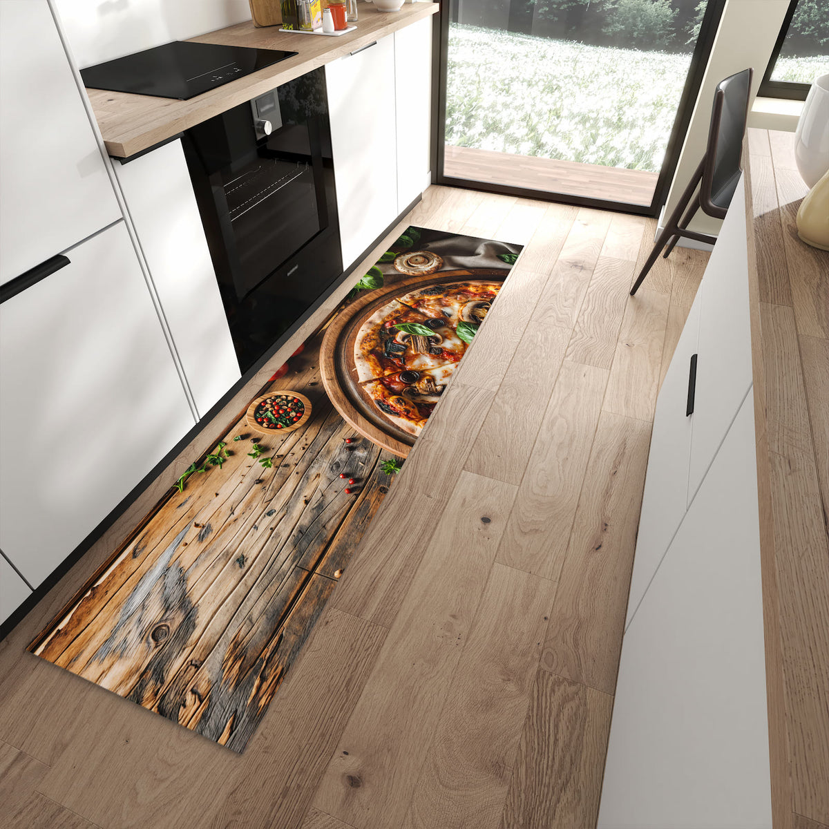 Bodenschonender Küchenteppich mit Motiv Holztisch Pizza in moderner Küche