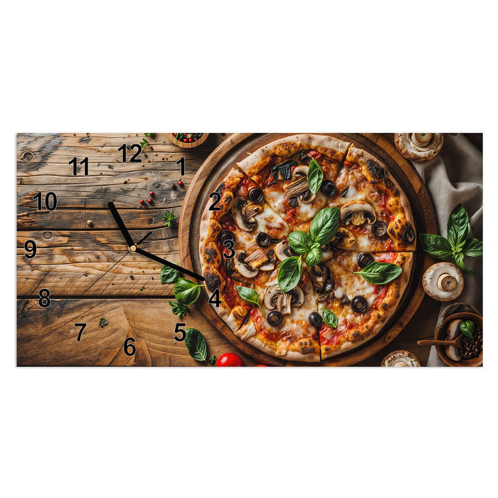 Wanduhr Holztisch Pizza aus Glas – Querformat 60 × 30 cm mit Ziffernblatt Modern