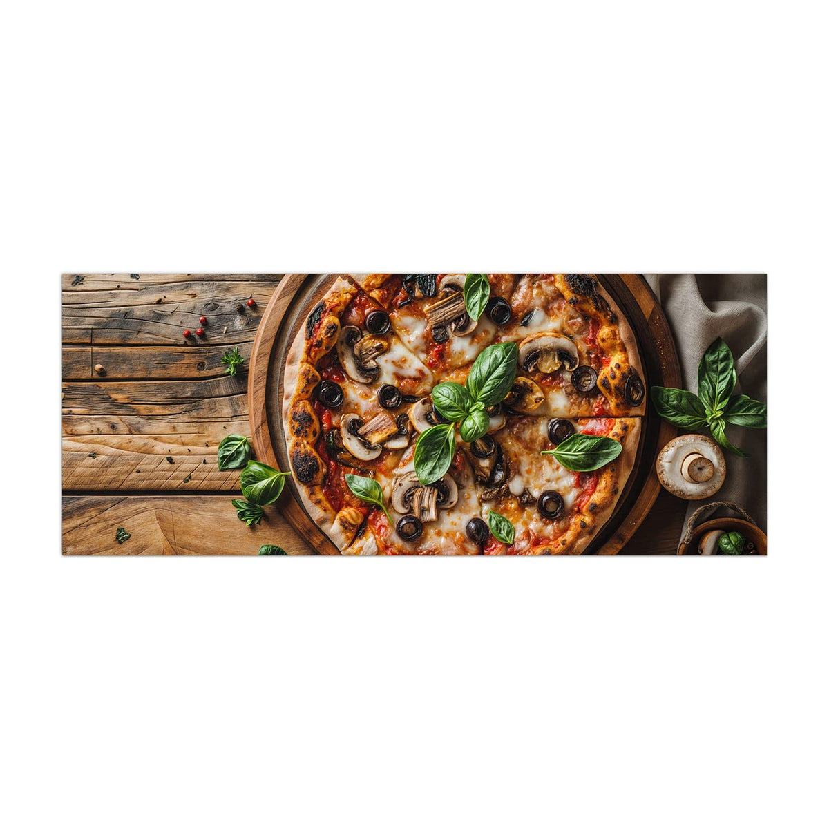 Küchenrückwand aus Glas Pizza mit Champignons im Hochformat, Motiv bildfüllend von vorn