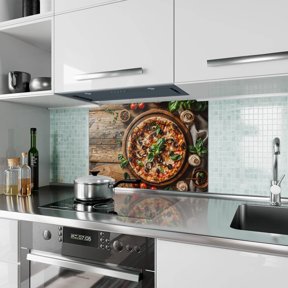 Küchenrückwand aus Glas Pizza mit Champignons im Hochformat als Spritzschutz hinter dem Kochfeld, über dem Fliesenspiegel montiert