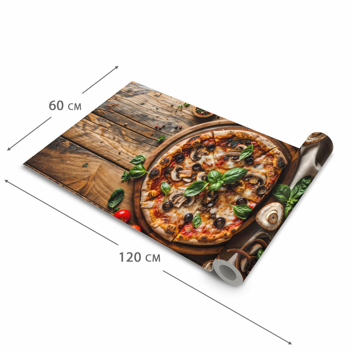 Rutschfester Küchenteppich mit Motiv Holztisch Pizza in der Größe 90x240 cm