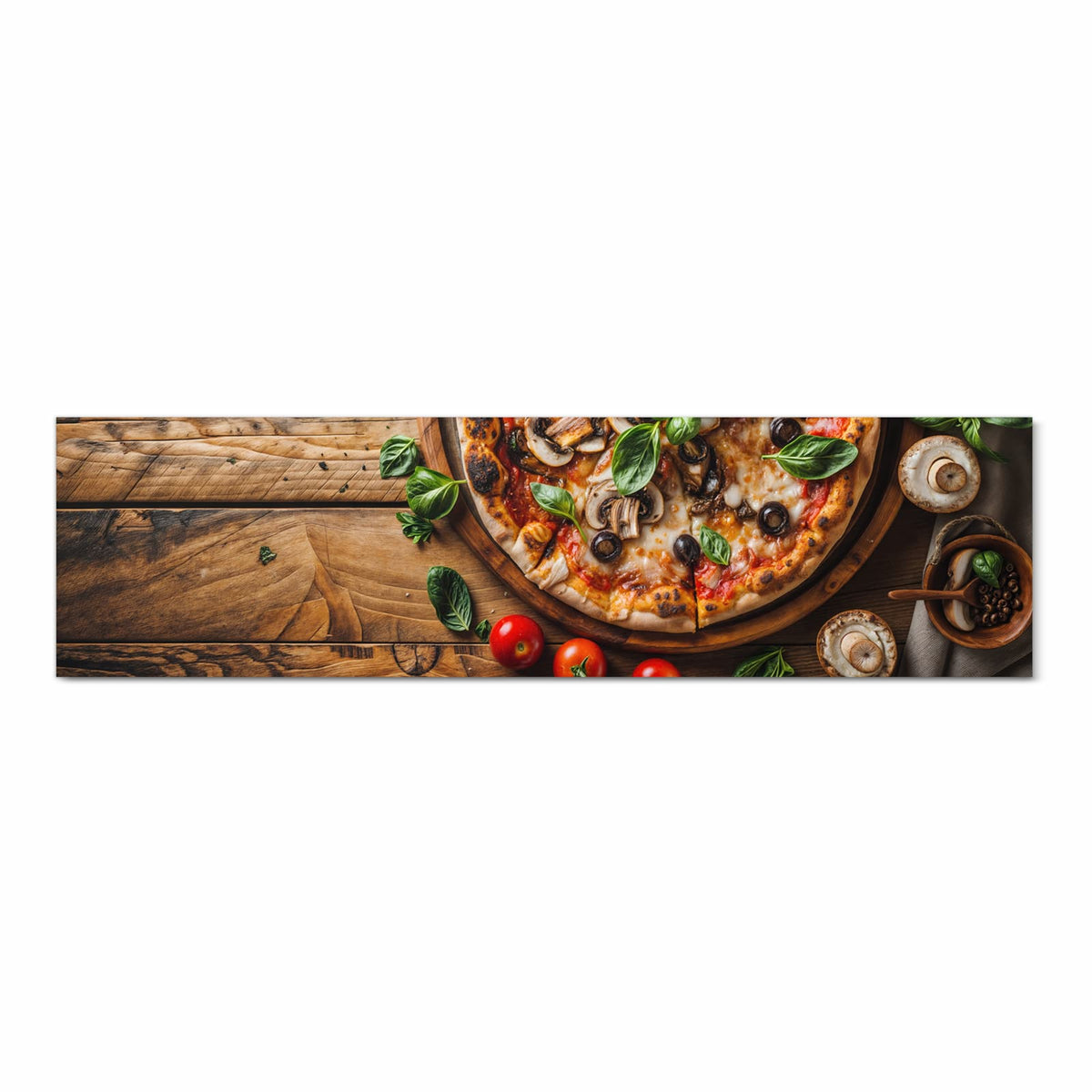Bodenschonender abwaschbarer Küchenteppich mit Motiv Holztisch Pizza in Frontansicht