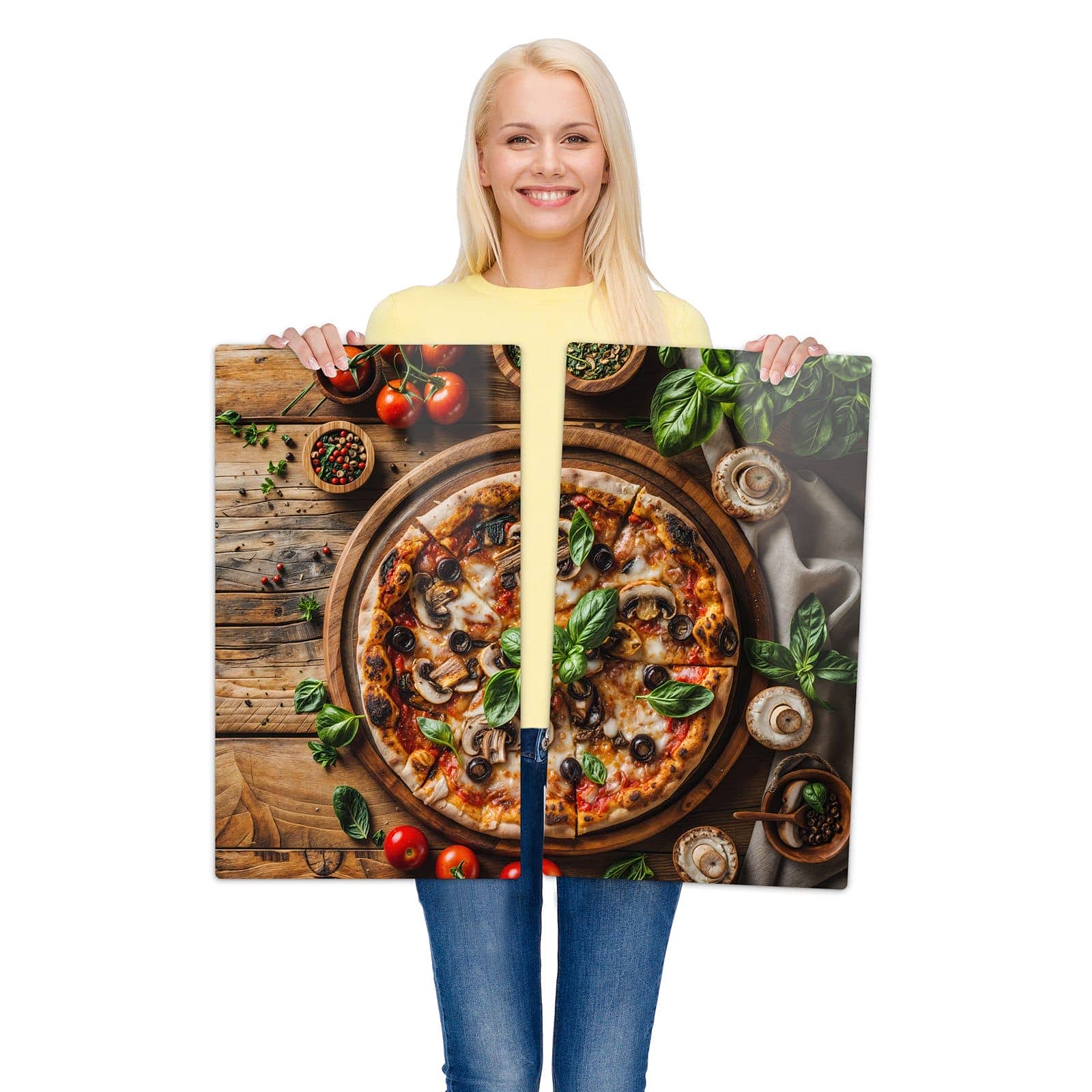 2-teilige Herdabdeckplatte mit Holztisch Pizza-Motiv wird zur Größendarstellung gehalten