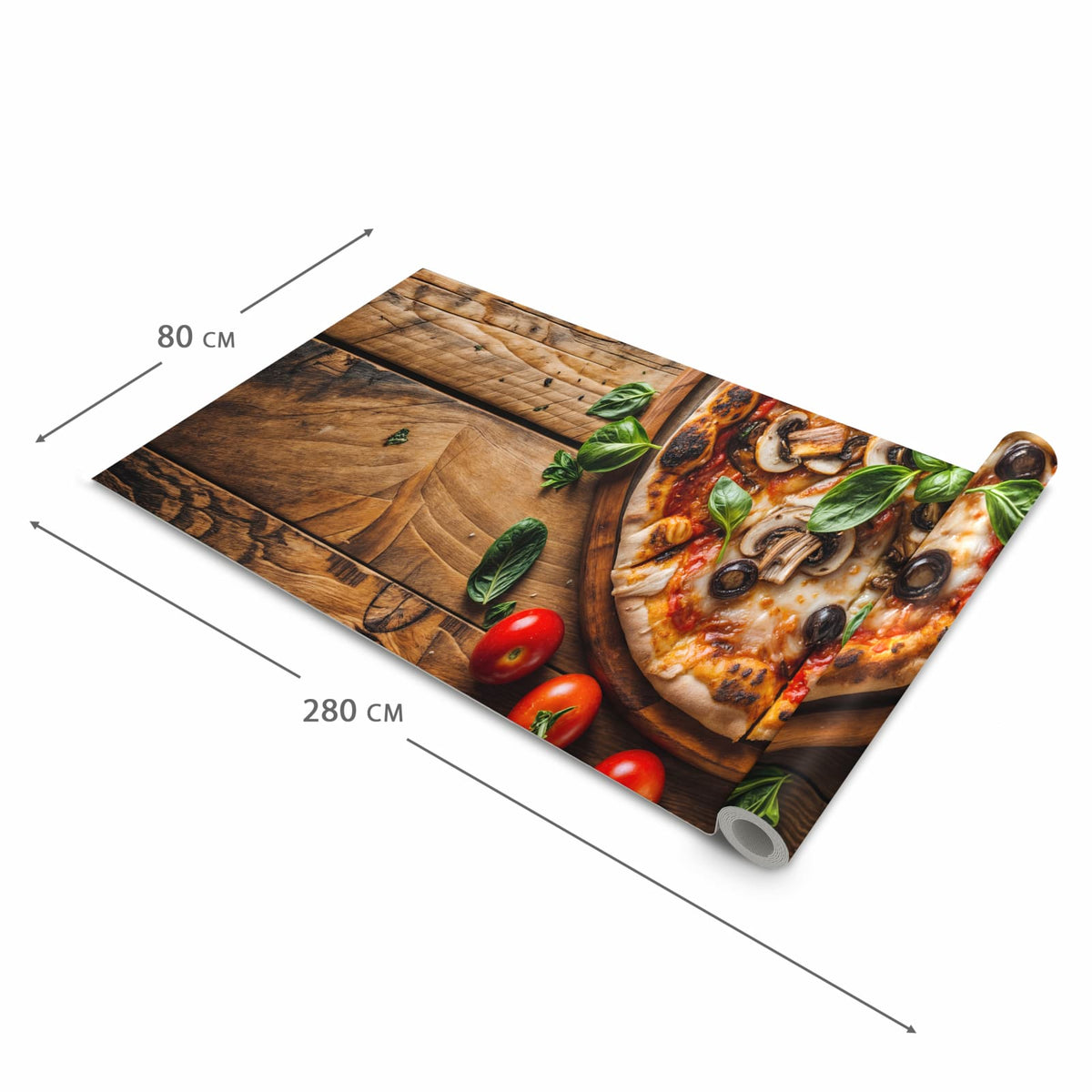 Geräuschdämpfender waschbarer Küchenläufer mit Motiv Holztisch Pizza in der Größe 90x240 cm