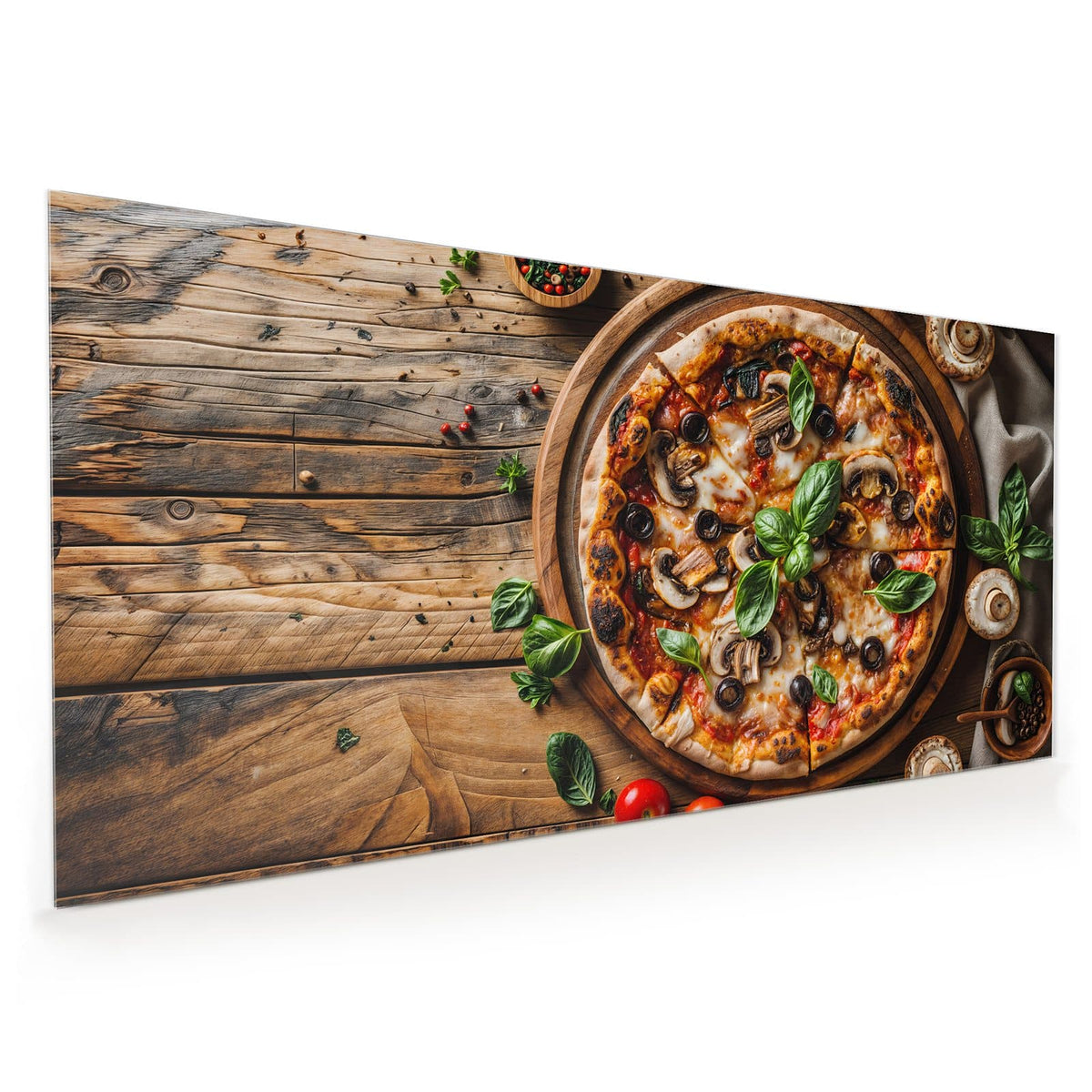 Küchenrückwand aus Glas im Hochformat: Runde Pizza mit Champignons, schwarzen Oliven und Basilikum auf Holzbrett, ringsum Tomaten und Pilze.
