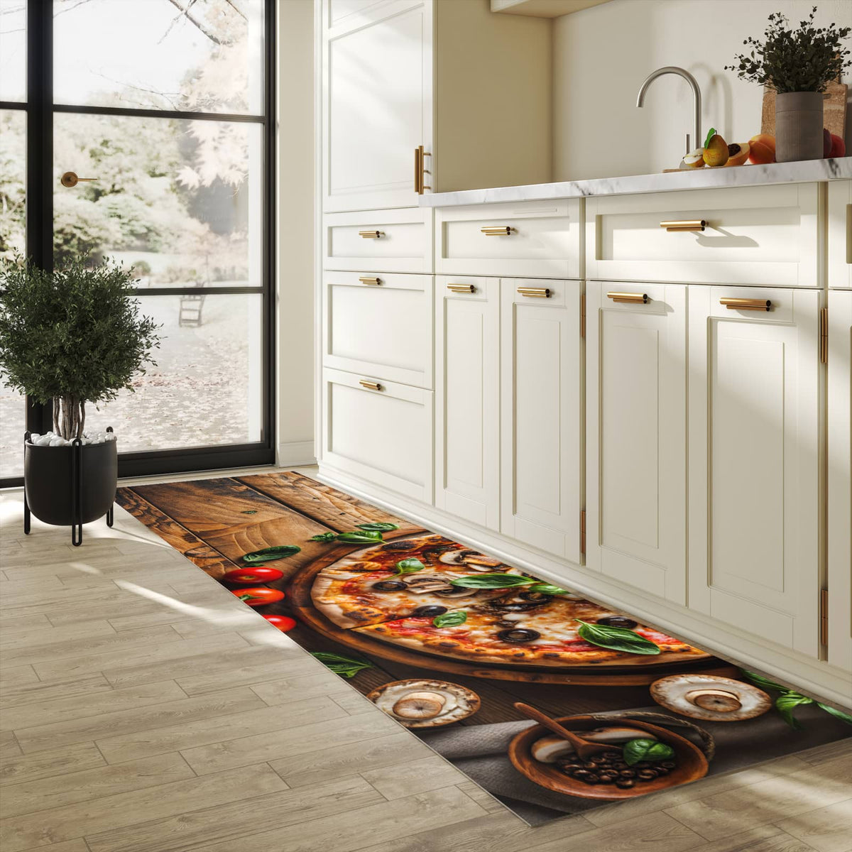 Waschbarer Teppich fürs Esszimmer mit Motiv Holztisch Pizza in heller Küche