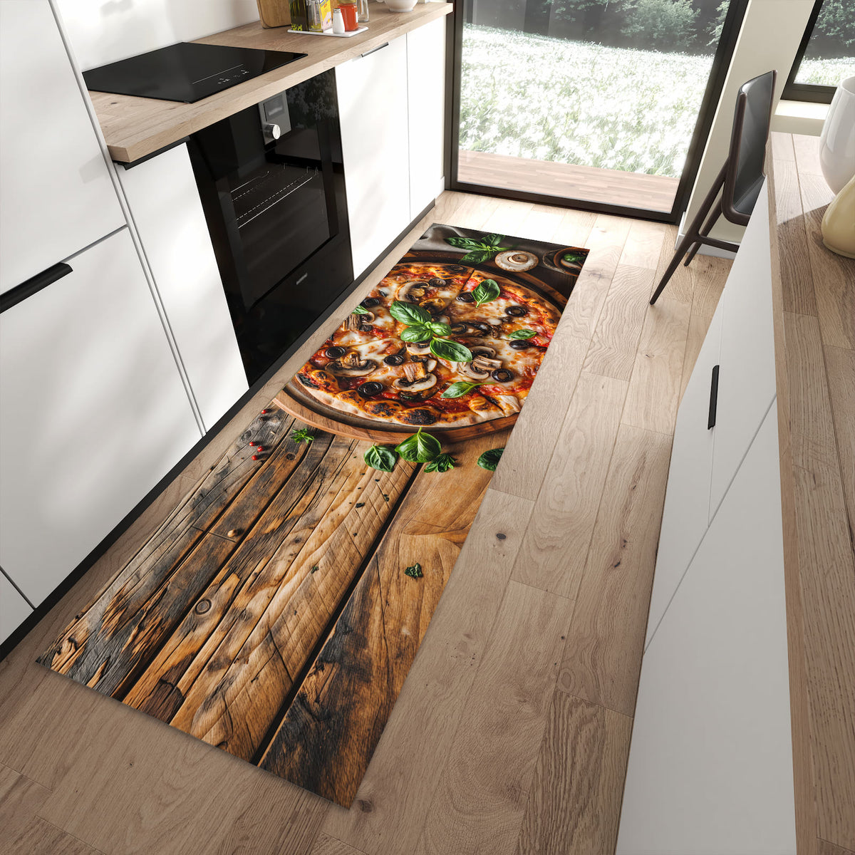 Waschbarer Küchenläufer mit Motiv Holztisch Pizza in moderner Küche für sichere Aufbewahrung