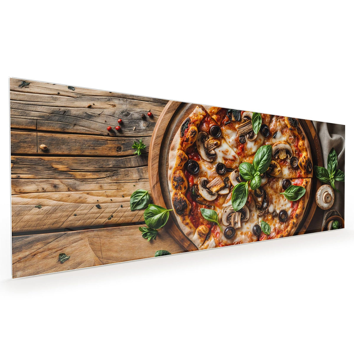 Küchenrückwand aus Glas im Hochformat: Runde Pizza mit Champignons, schwarzen Oliven und Basilikum auf Holzbrett, ringsum Tomaten und Pilze. #grösse_40 x 100 cm #grösse_50 x 125 cm #grösse_60 x 150 cm