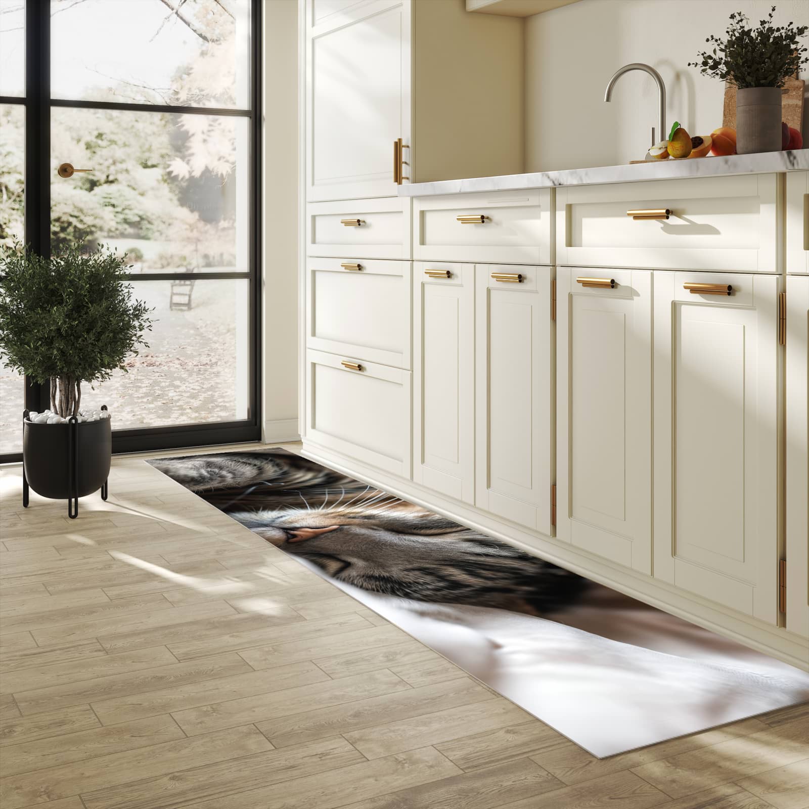 Bodenschonender Küchenteppich mit Motiv Katze von Schlafende in heller Küche