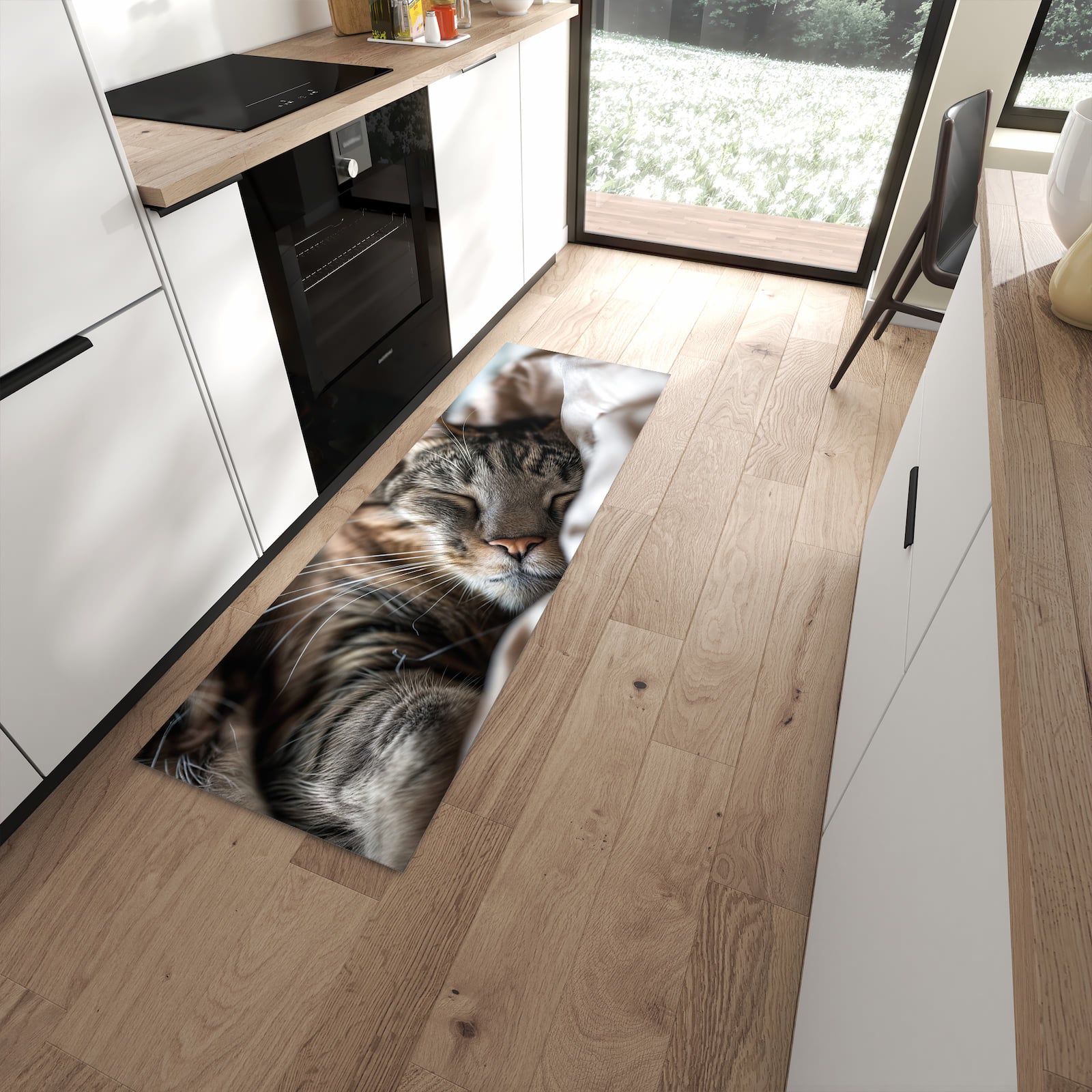 Geruchsneutraler abwaschbarer Küchenteppich mit Motiv Katze von Schlafende in moderner Küche