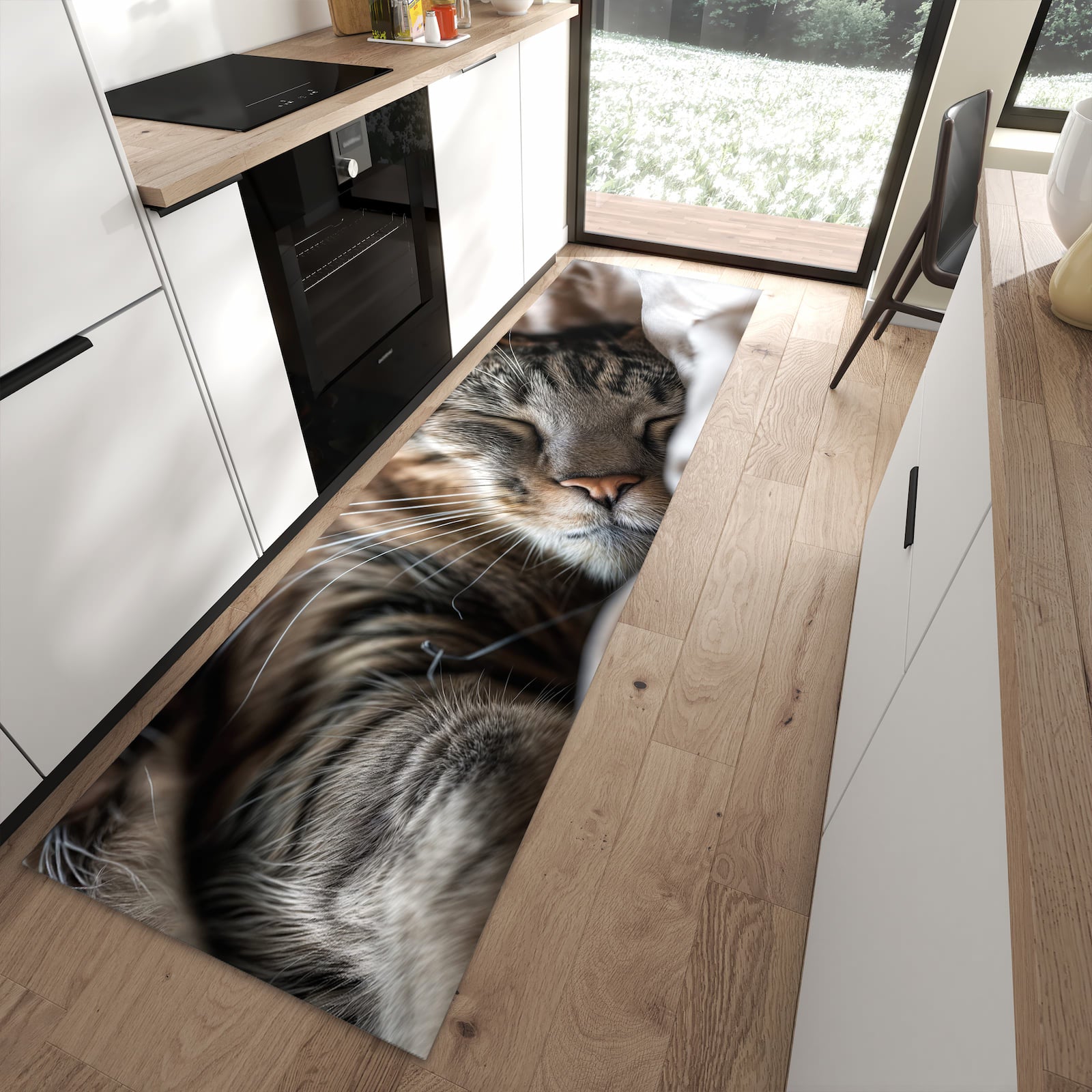 Küchenteppich mit Motiv Katze von Schlafende für angenehme Haptik in moderner Küche