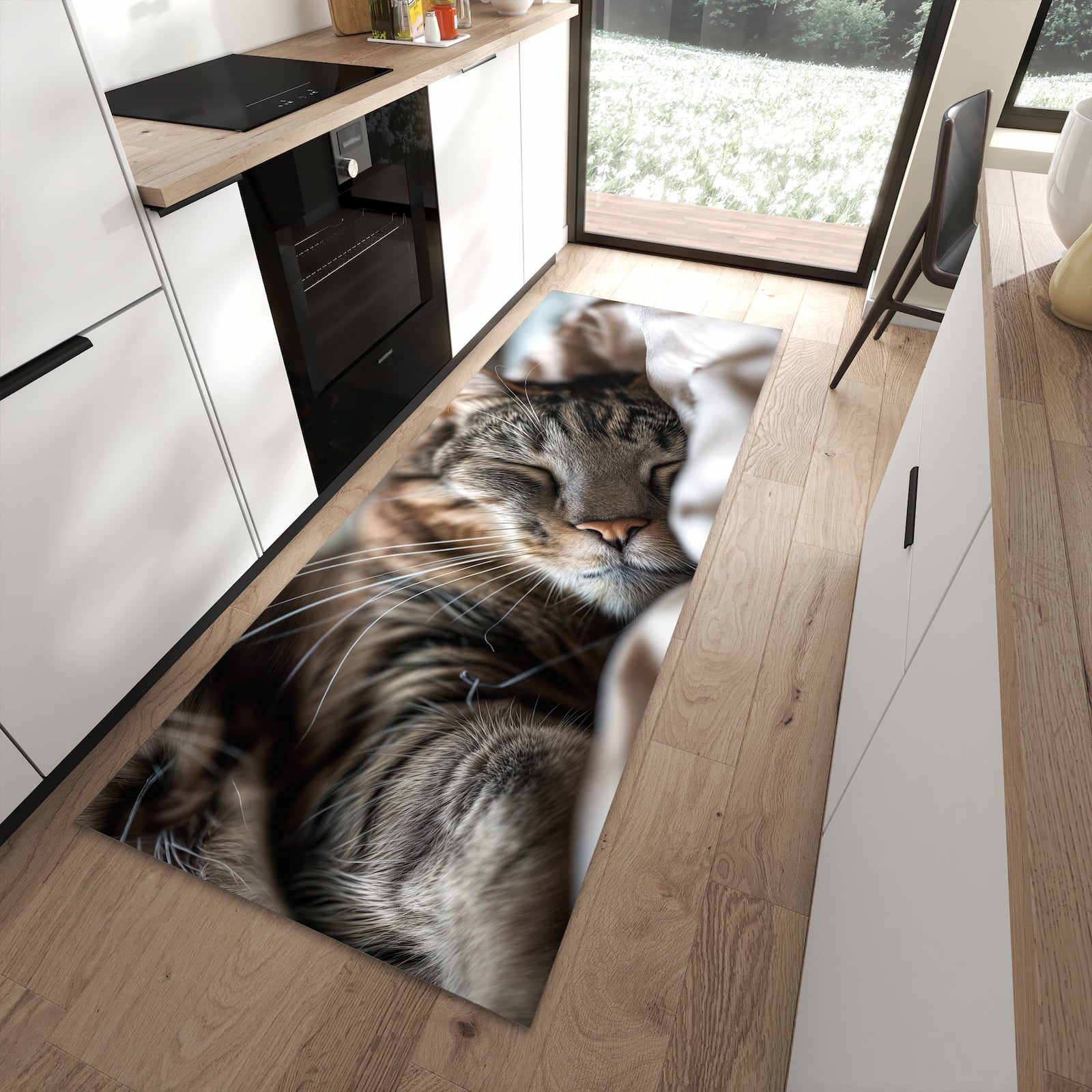 Waschbarer Küchenläufer mit Motiv Katze von Schlafende in moderner Küche