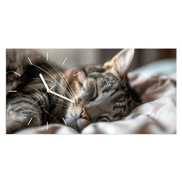Wanduhr Schlummernde Katze Portrait aus Glas – Querformat 60 × 30 cm mit Ziffernblatt Linie