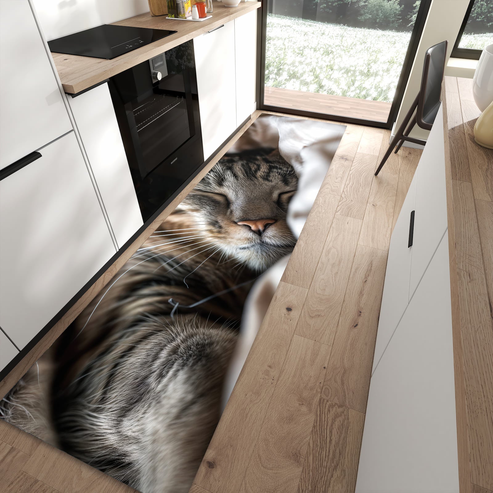 Hygienischer Küchenteppich mit Motiv Katze von Schlafende in moderner Küche