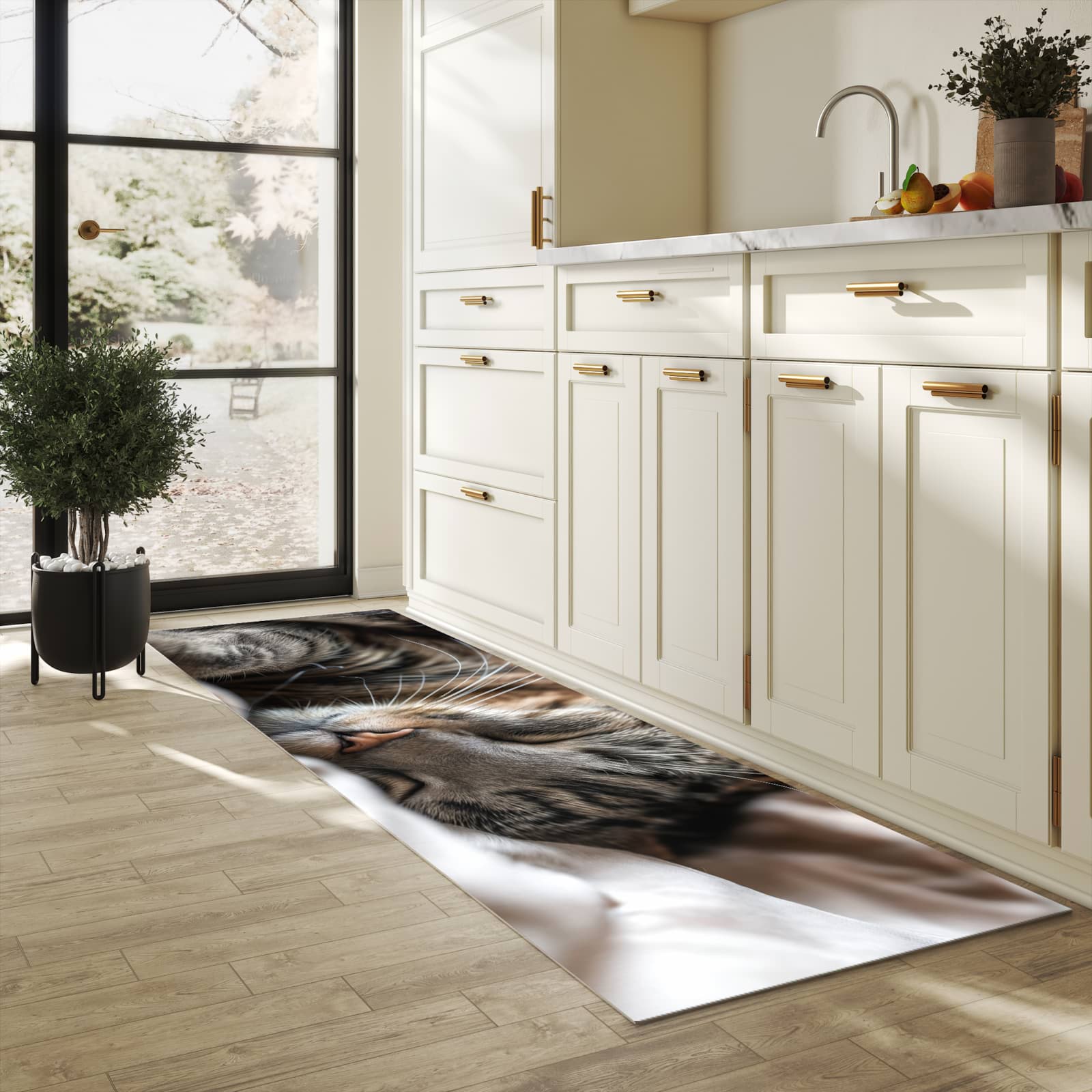 Zeitsparender Küchenteppich mit Motiv Katze von Schlafende in heller Küche