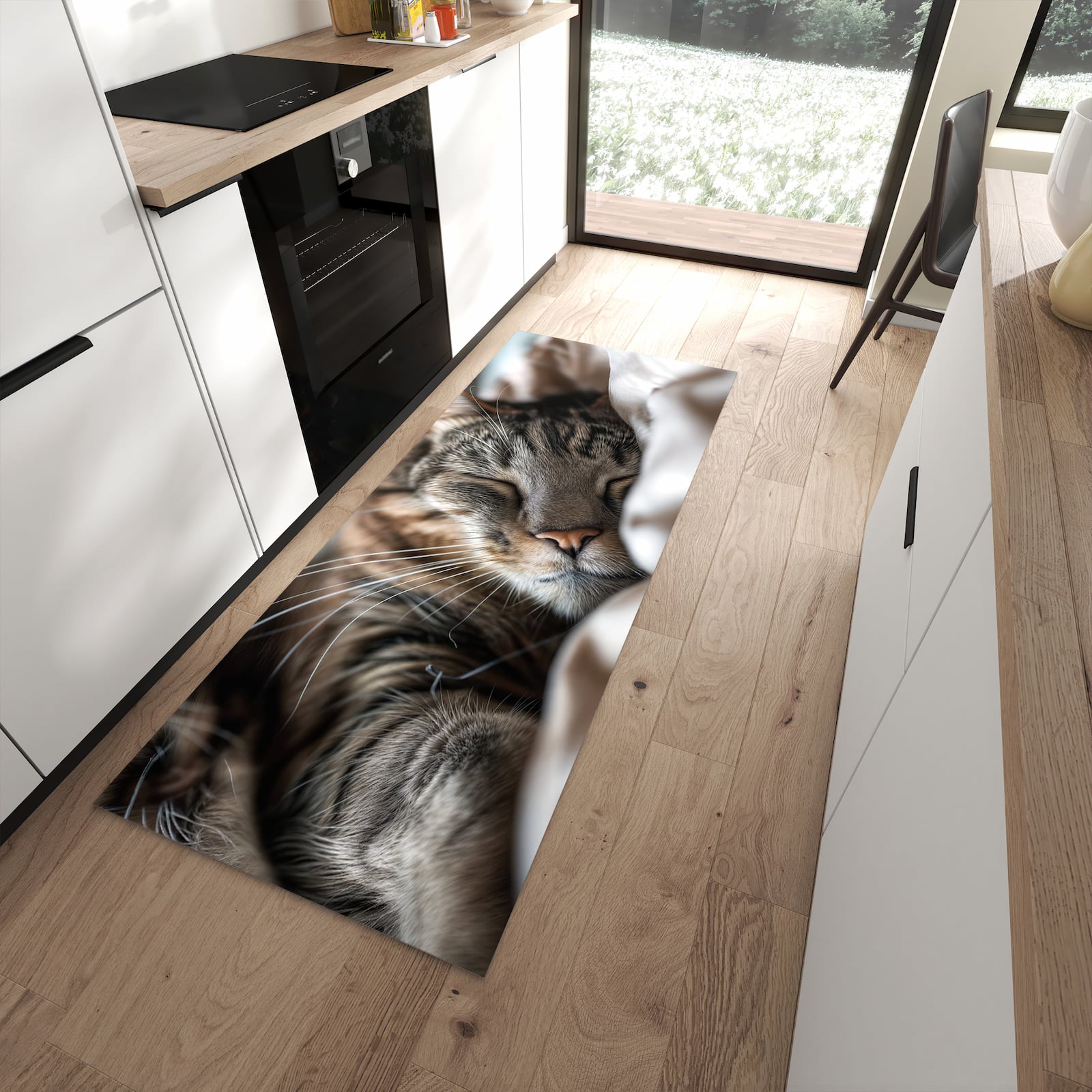 Rutschfester Küchenteppich mit Motiv Katze von Schlafende in moderner Küche