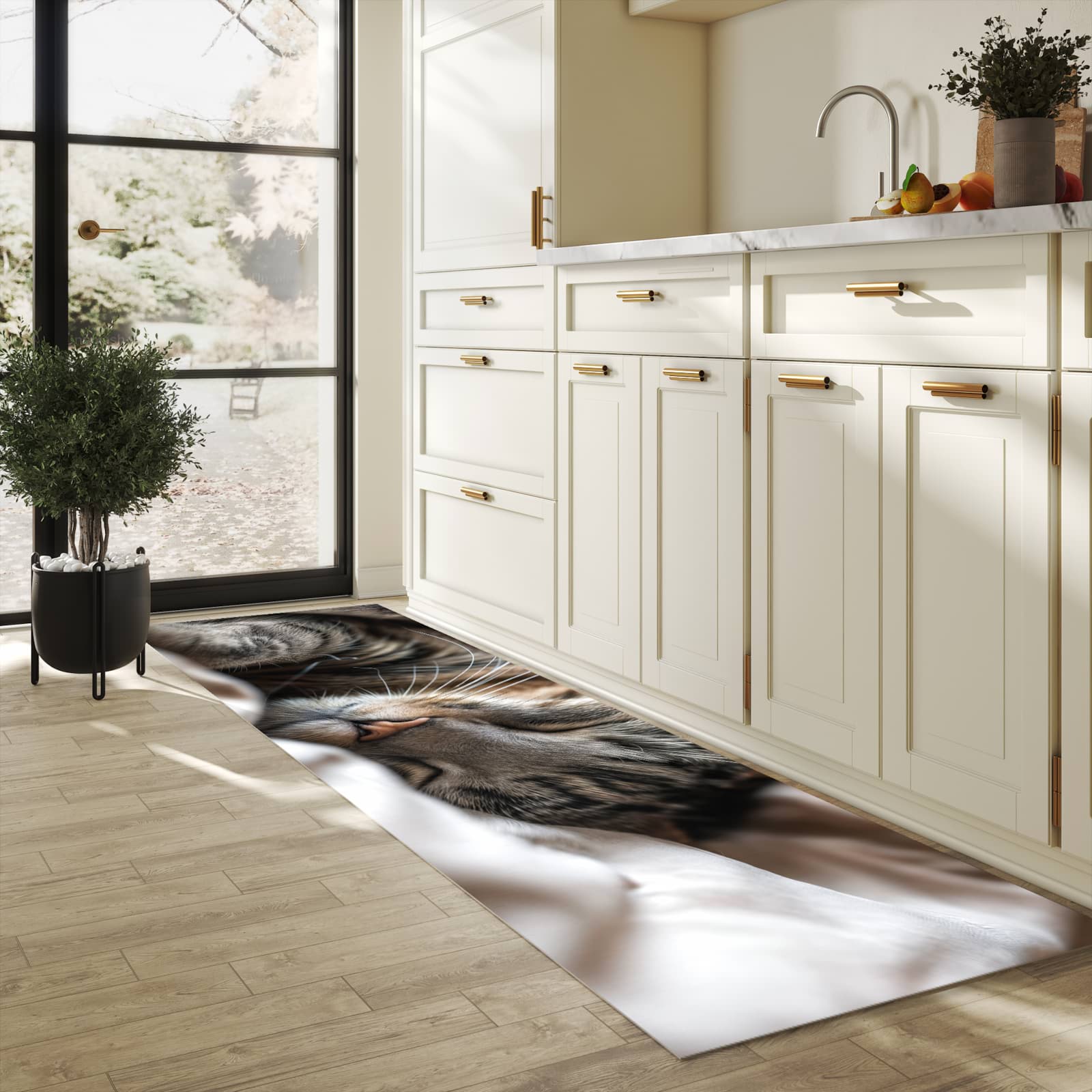Geräuschdämpfender Küchenvorleger mit Motiv Katze von Schlafende in heller Küche