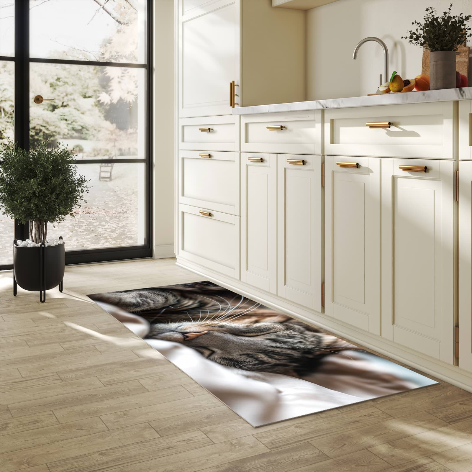 Formstabiler Küchenläufer mit Motiv Katze von Schlafende in heller Küche