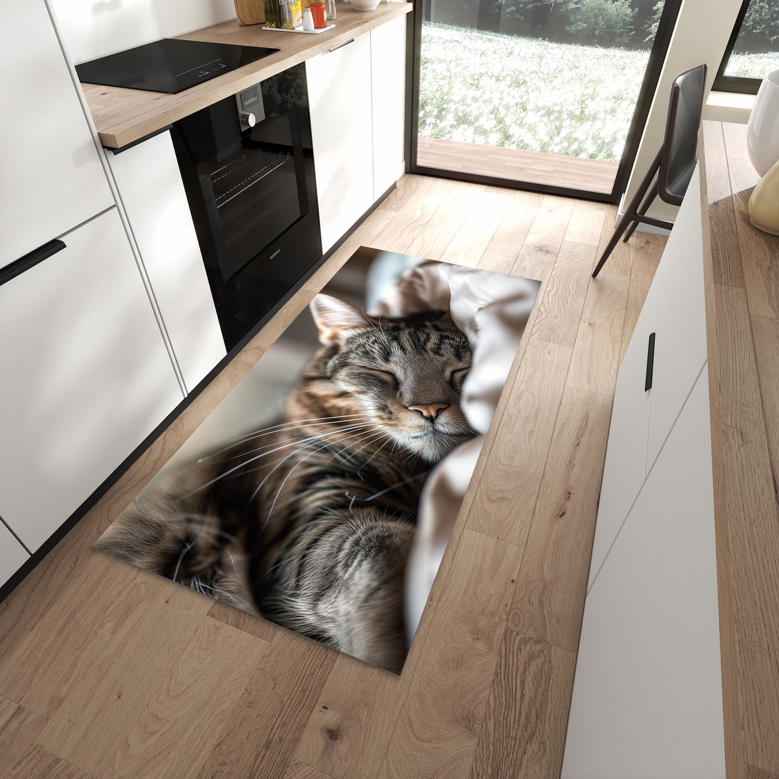 Strapazierfähiger Läufer für die Küche mit Motiv Katze von Schlafende in moderner Küche
