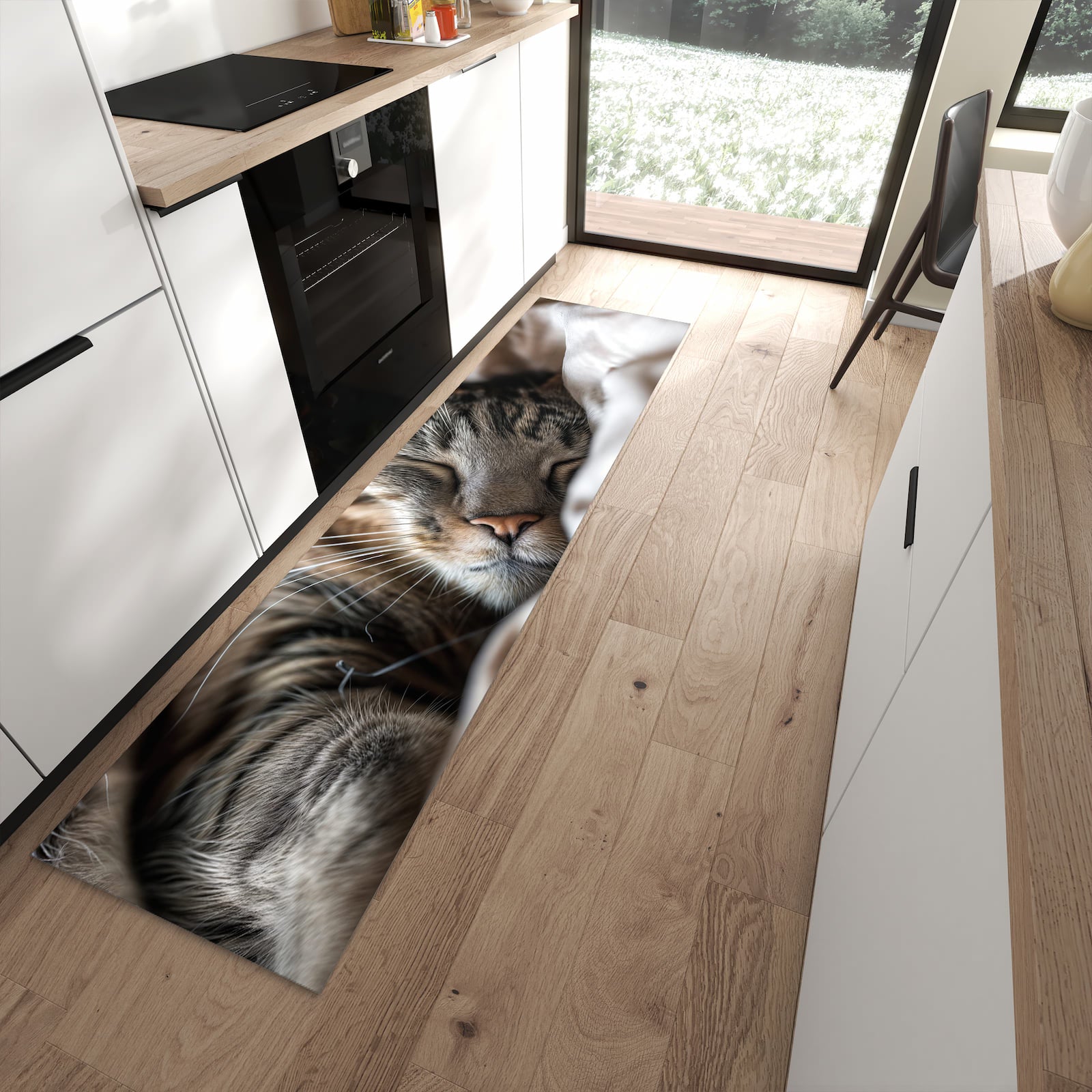 Langlebiger Küchenläufer mit Motiv Katze von Schlafende in moderner Küche