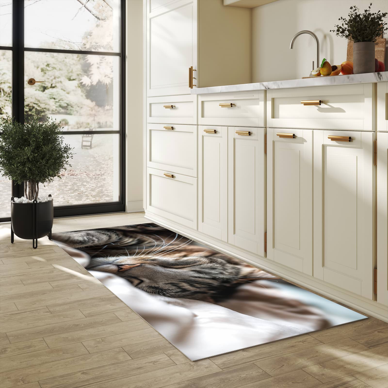 UV-beständiger Küchenläufer mit Motiv Katze von Schlafende in heller Küche