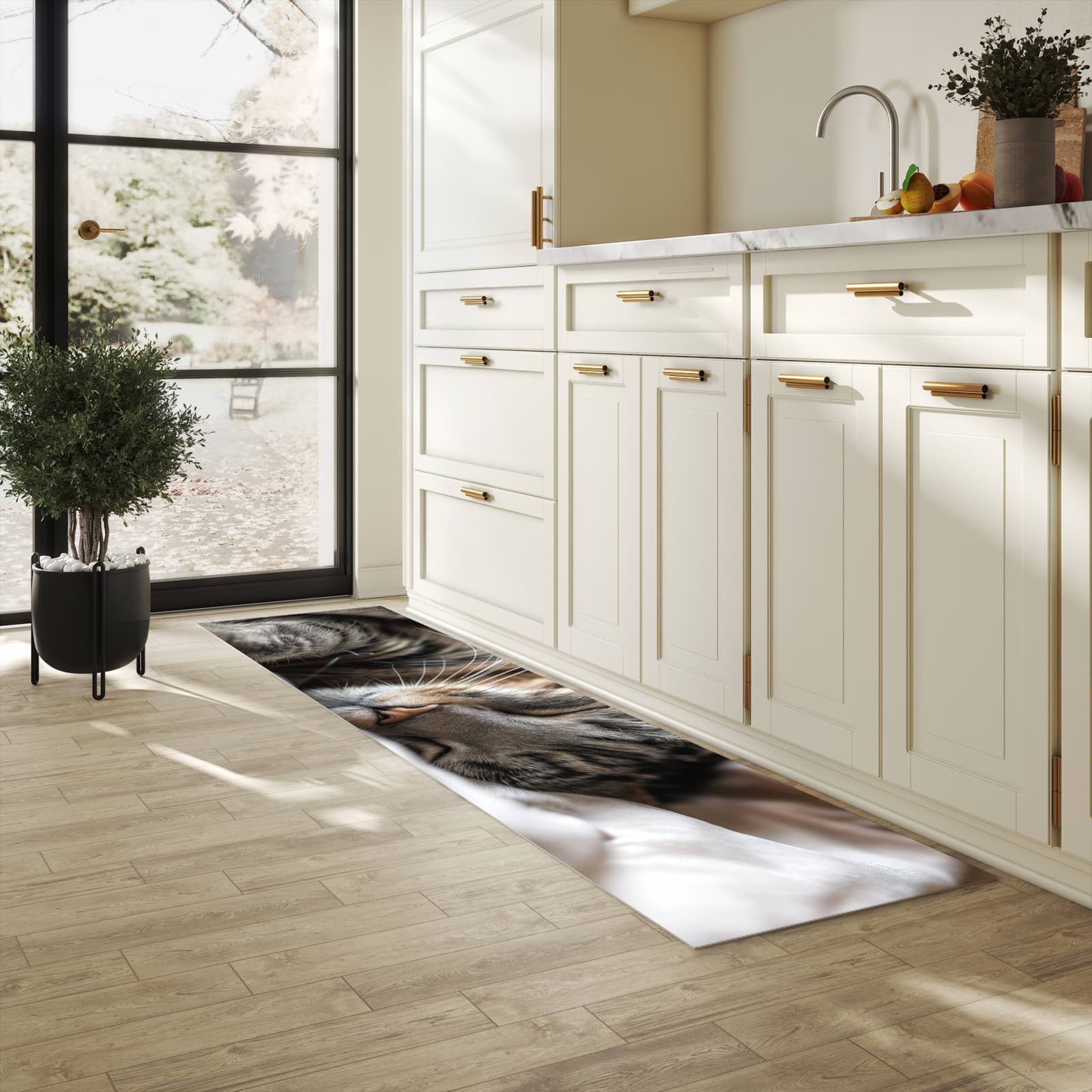 Küchenteppich mit Motiv Katze von Schlafende für Ordnung & Übersicht in heller Küche