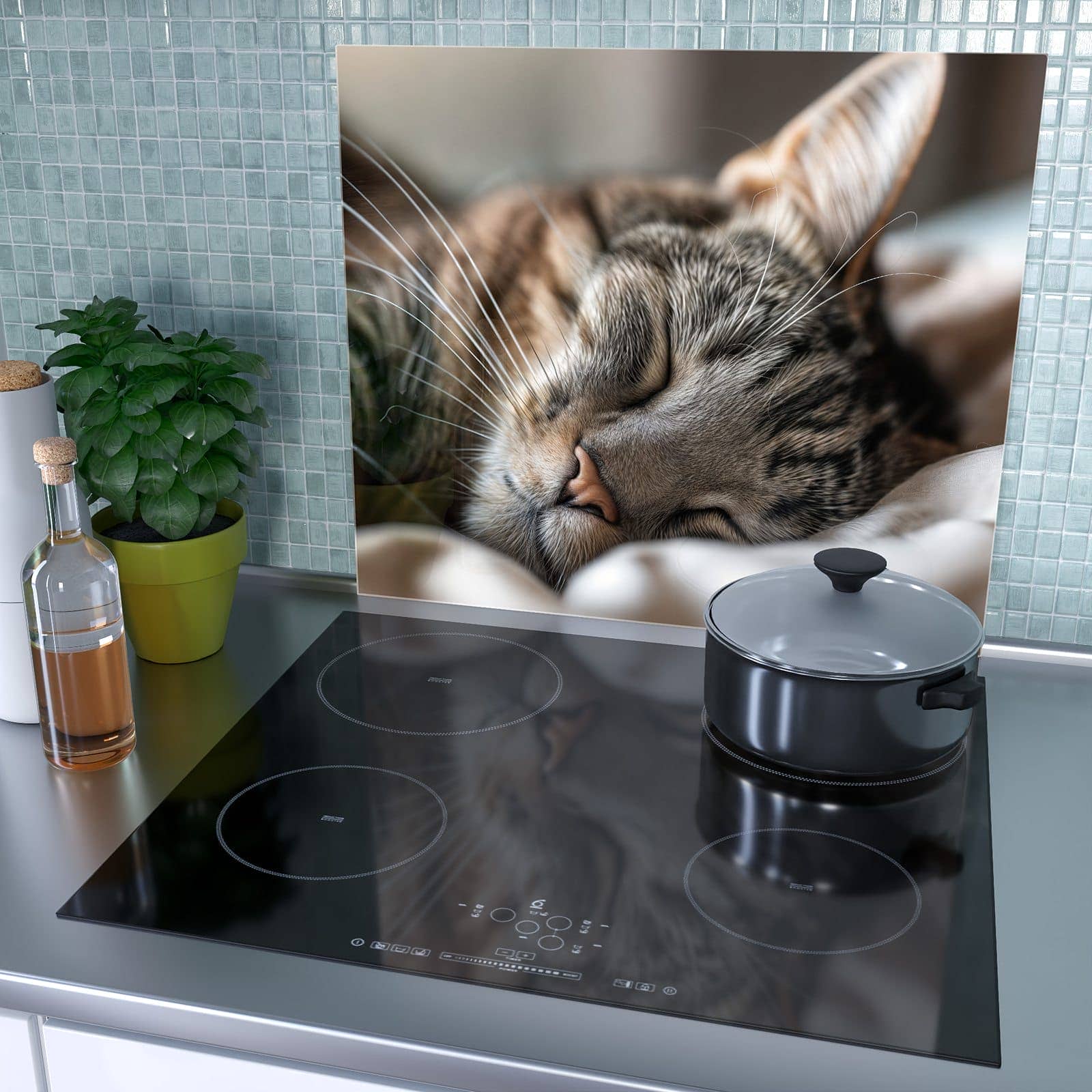 1-teilige Herdabdeckplatten mit Schlummernde Katze Portrait-Motiv als Spritzschutz hinter dem Kochfeld