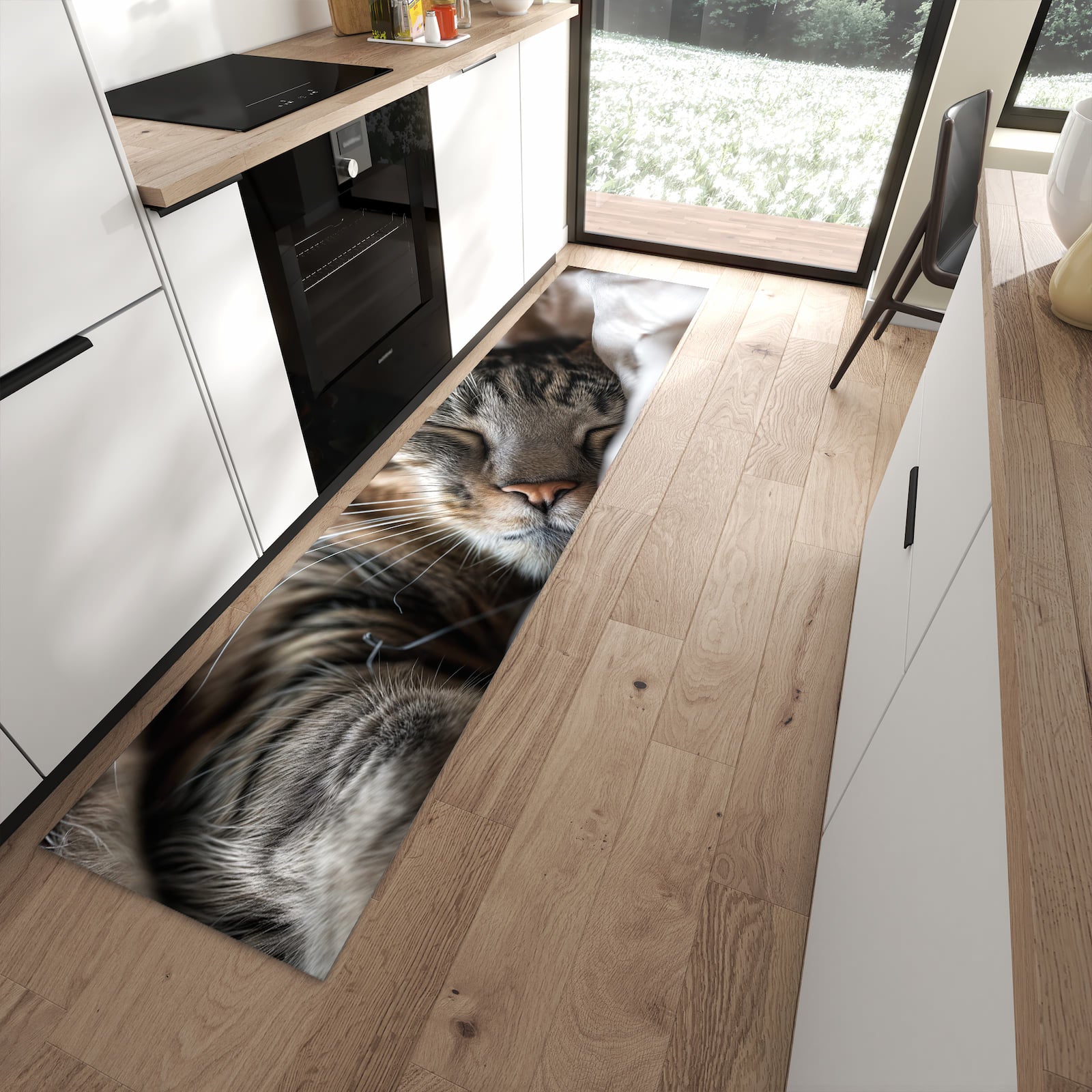 Flacher Küchenteppich mit Motiv Katze von Schlafende in moderner Küche