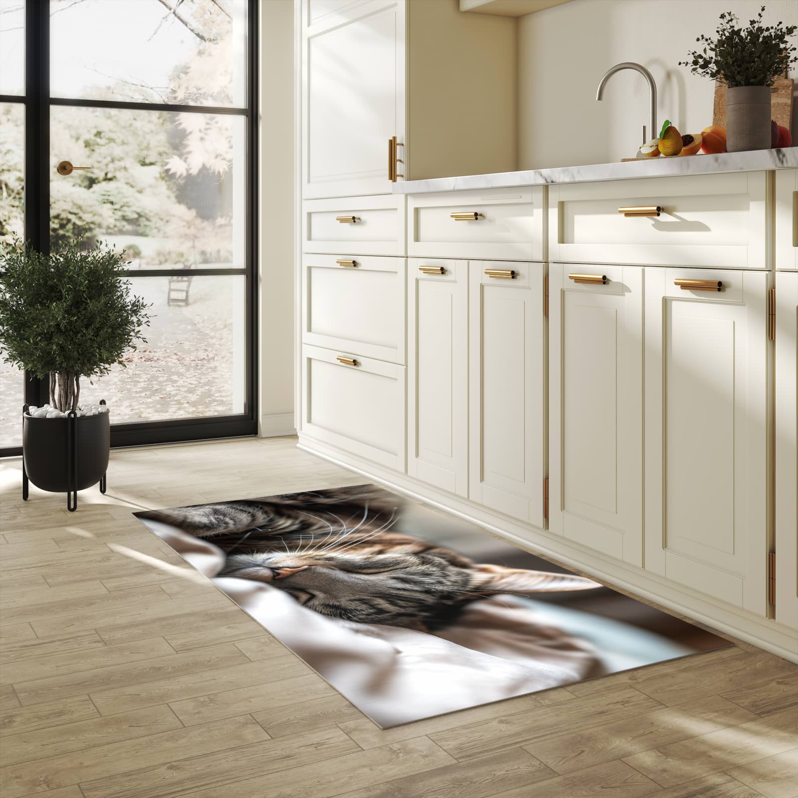 Abriebfester waschbarer Teppich Küche mit Motiv Katze von Schlafende in heller Küche