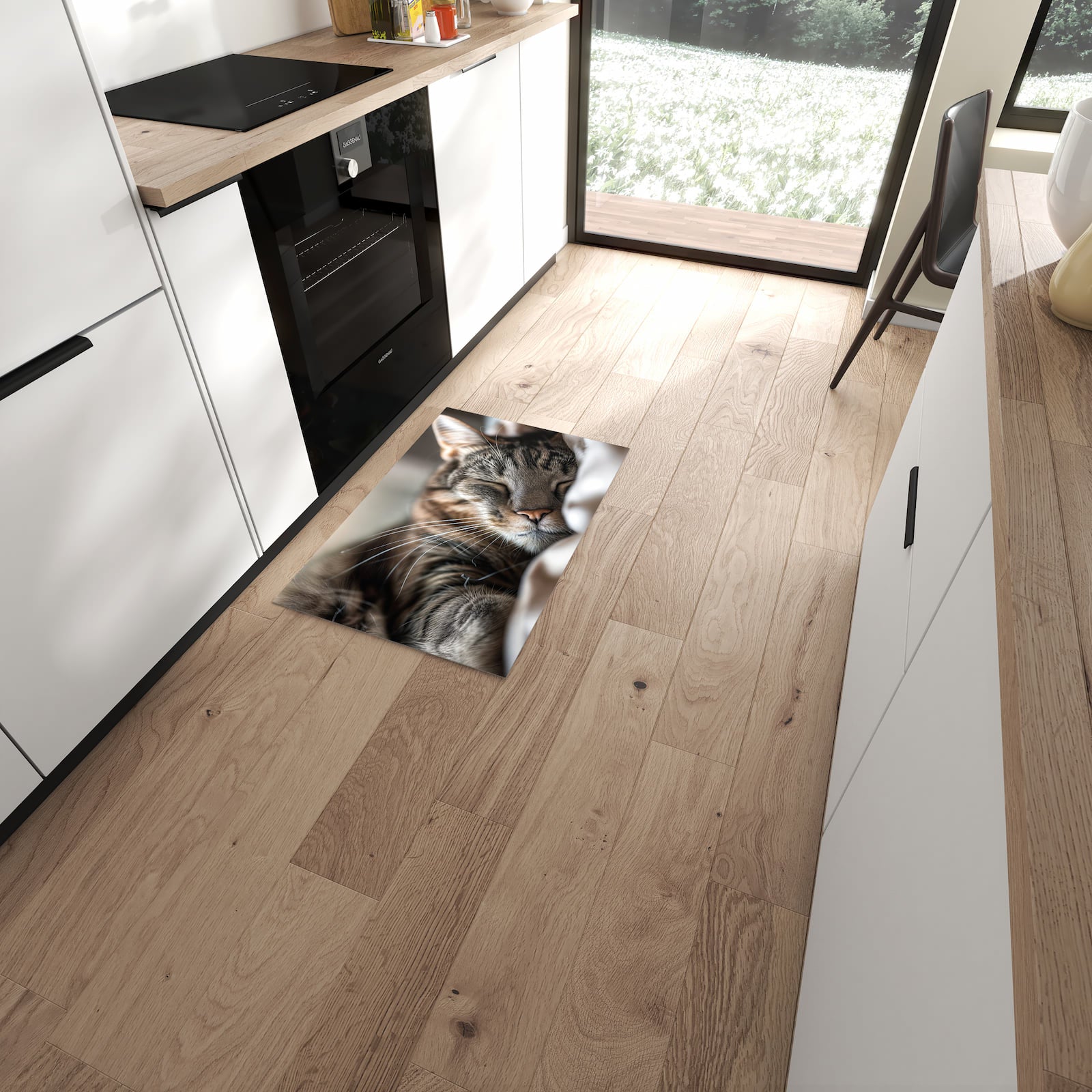 Komfortabler Küchenteppich mit Motiv Katze von Schlafende in moderner Küche