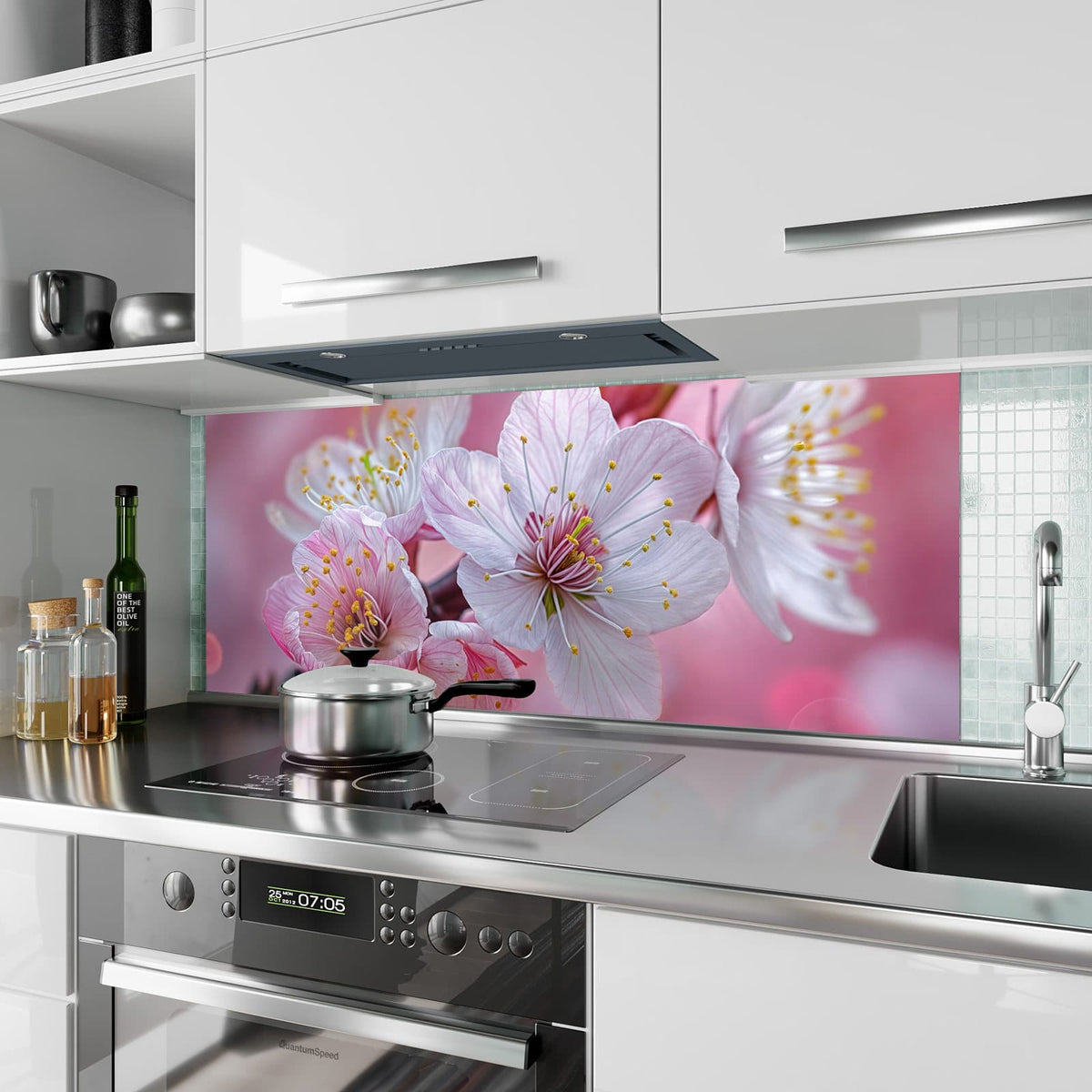 Küchenrückwand aus Glas Rosa Blüten am Zweig im Hochformat als Spritzschutz hinter dem Kochfeld, über dem Fliesenspiegel montiert