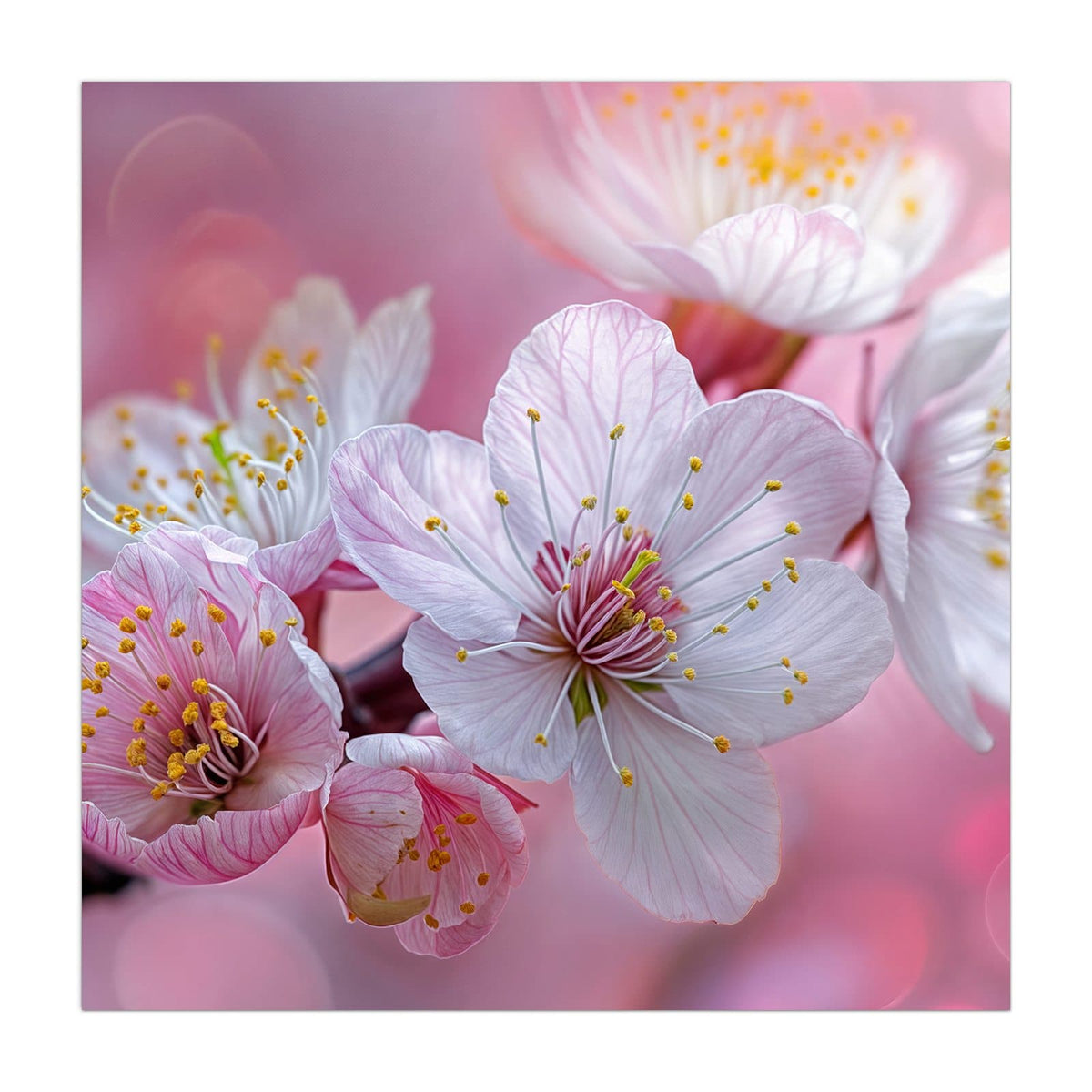 Küchenrückwand aus Glas Rosa Blüten am Zweig im quadratischen Format, Motiv bildfüllend von vorn