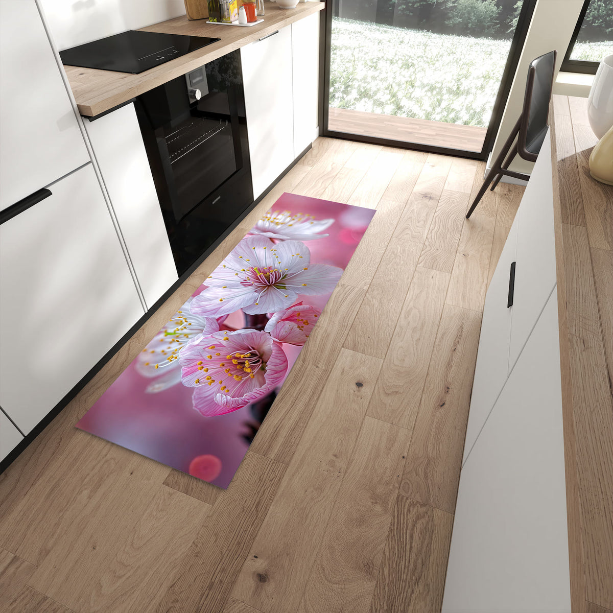 Küchenteppich mit Motiv Sanfte Kirschblüten für Ordnung in moderner Küche
