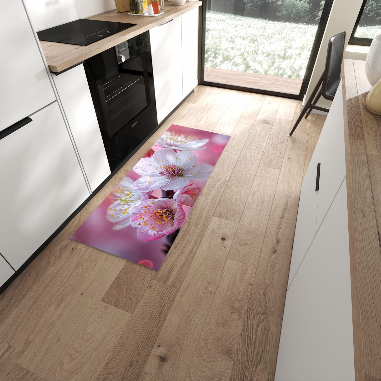 Bodenschonender Küchenteppich mit Motiv Sanfte Kirschblüten in moderner Küche #grösse_60 x 150 cm