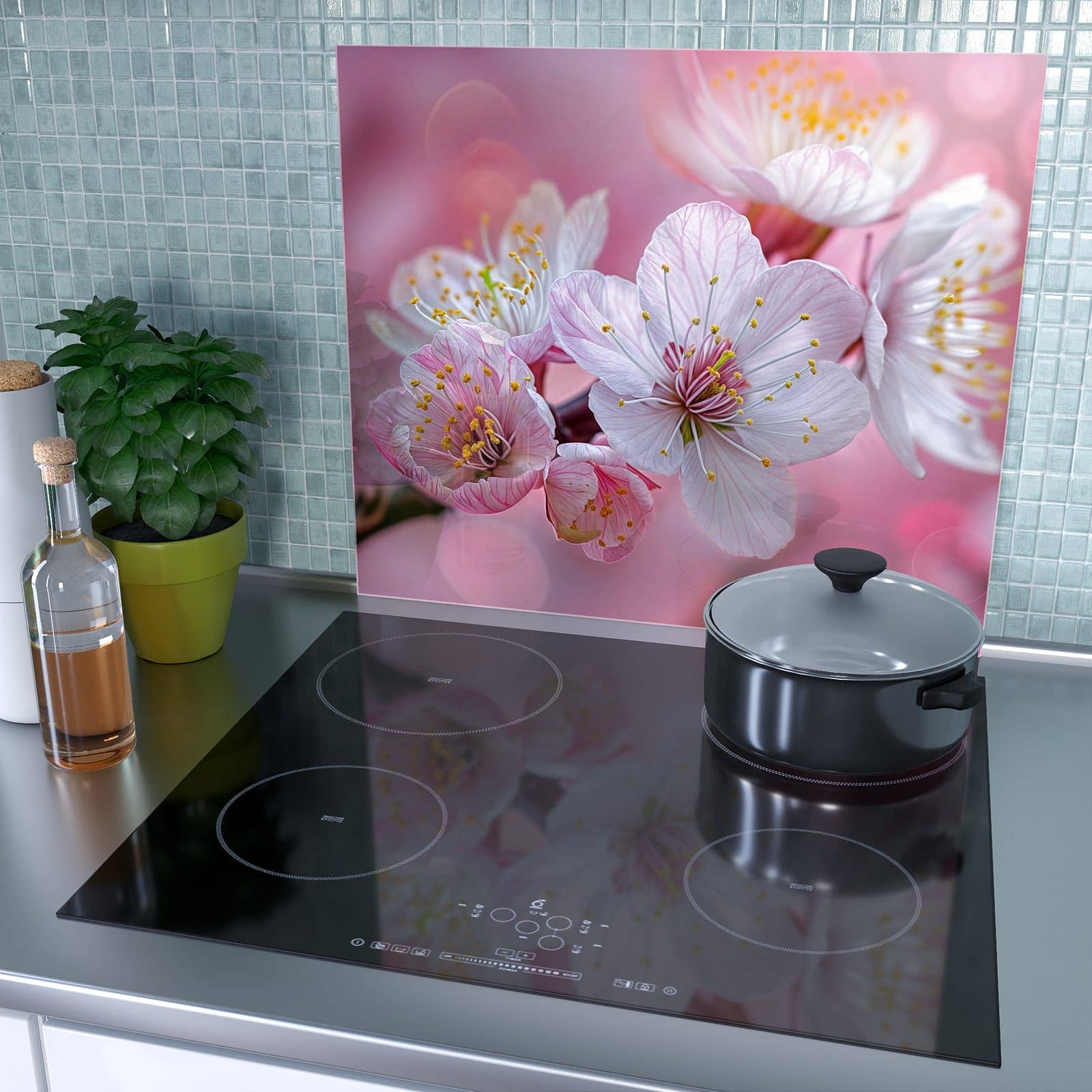1-teilige Herdabdeckplatten mit Sanfte Kirschblüten-Motiv als Spritzschutz hinter dem Kochfeld