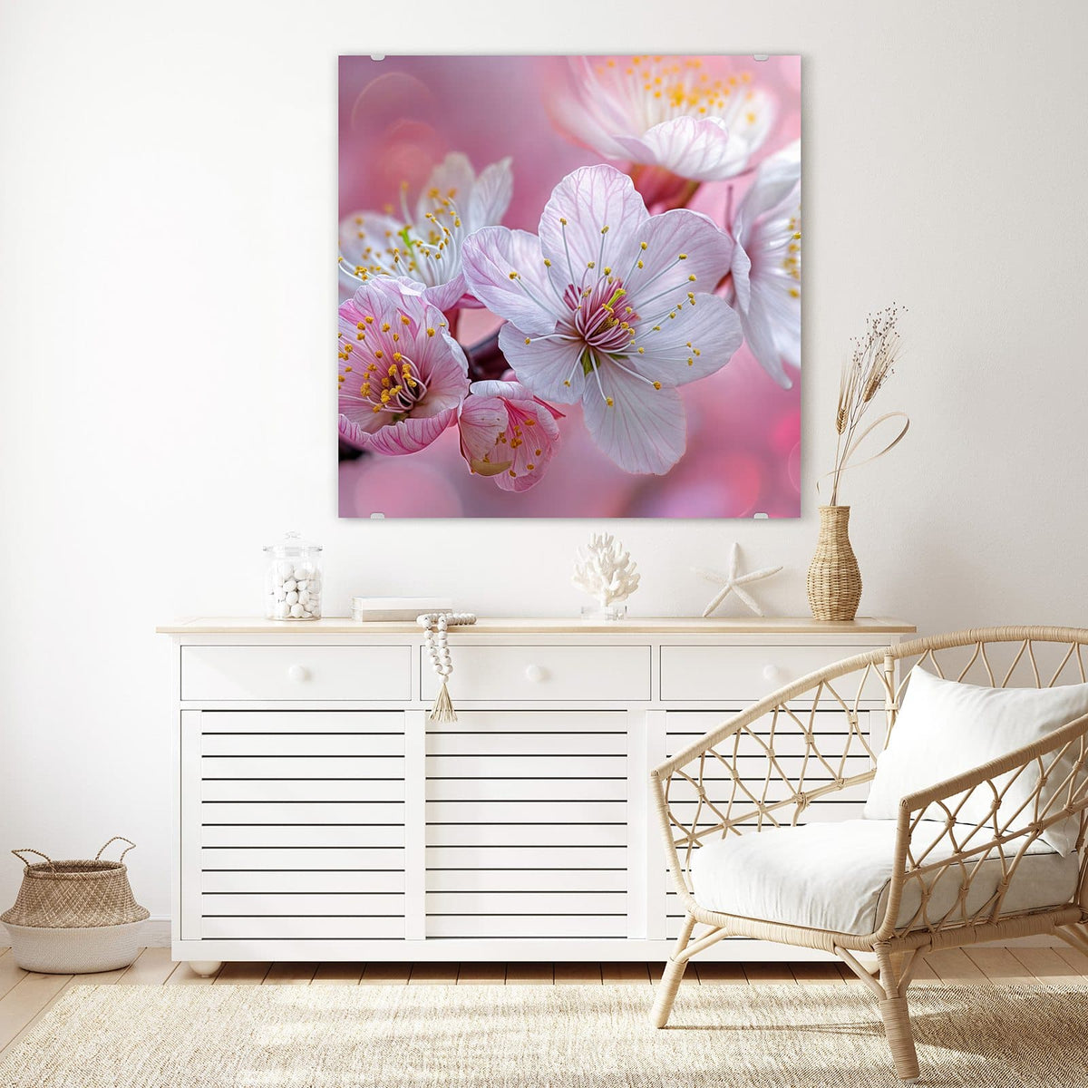 Glasbild Rosa Blüten am Zweig an der Wand – Weiß-rosa Kirschblüten mit gelben Staubgefäßen vor rosa Lichtkreisen