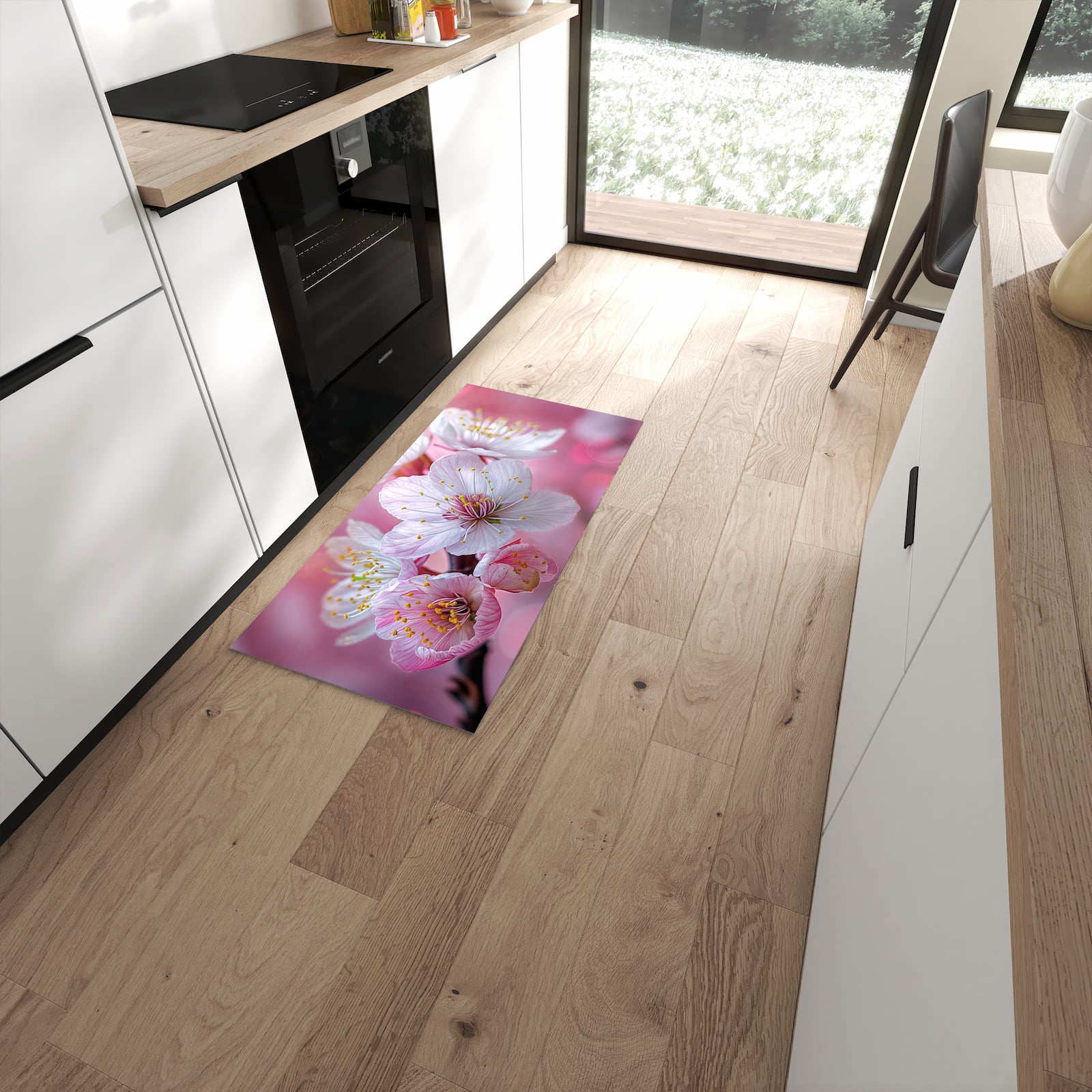 Feuchtigkeitsresistenter Küchenteppich mit Motiv Sanfte Kirschblüten in moderner Küche #grösse_60 x 120 cm