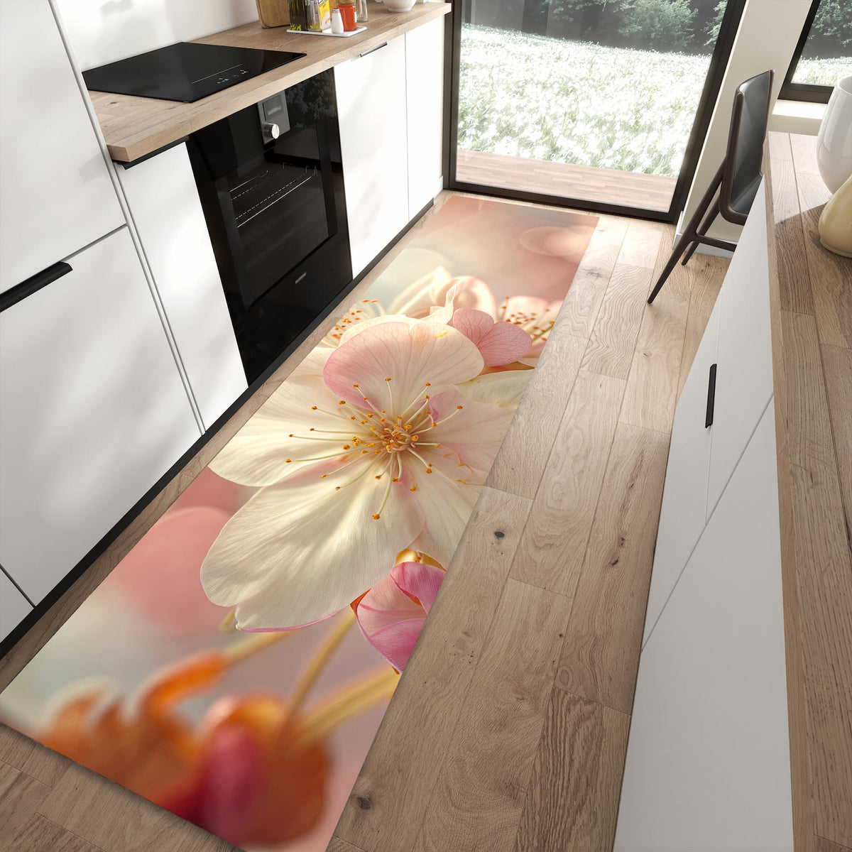 Küchenteppich Rosa Frühlingsblüten 80 × 300 cm vor der Küchenzeile auf hellem Holzboden