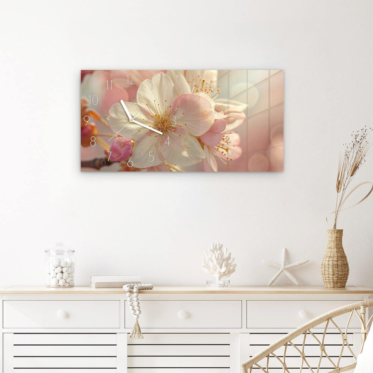 Wanduhr Blühende Frühlingsblüten aus Glas – Querformat 60 × 30 cm – Durchscheinende Kirschblüten in Pastell