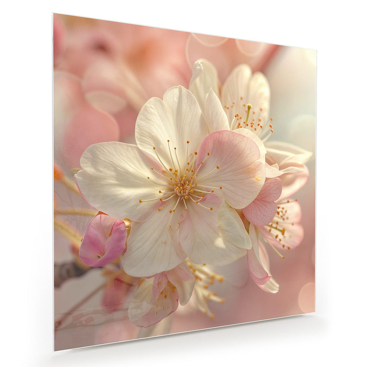Makro einer weiß-rosa Obstblüte mit gelben Staubgefäßen vor pastelligem Bokeh
