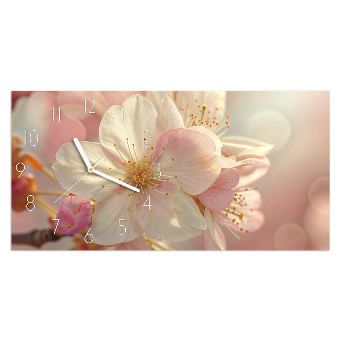 Wanduhr Blühende Frühlingsblüten aus Glas – Querformat 60 × 30 cm mit Ziffernblatt Elegant