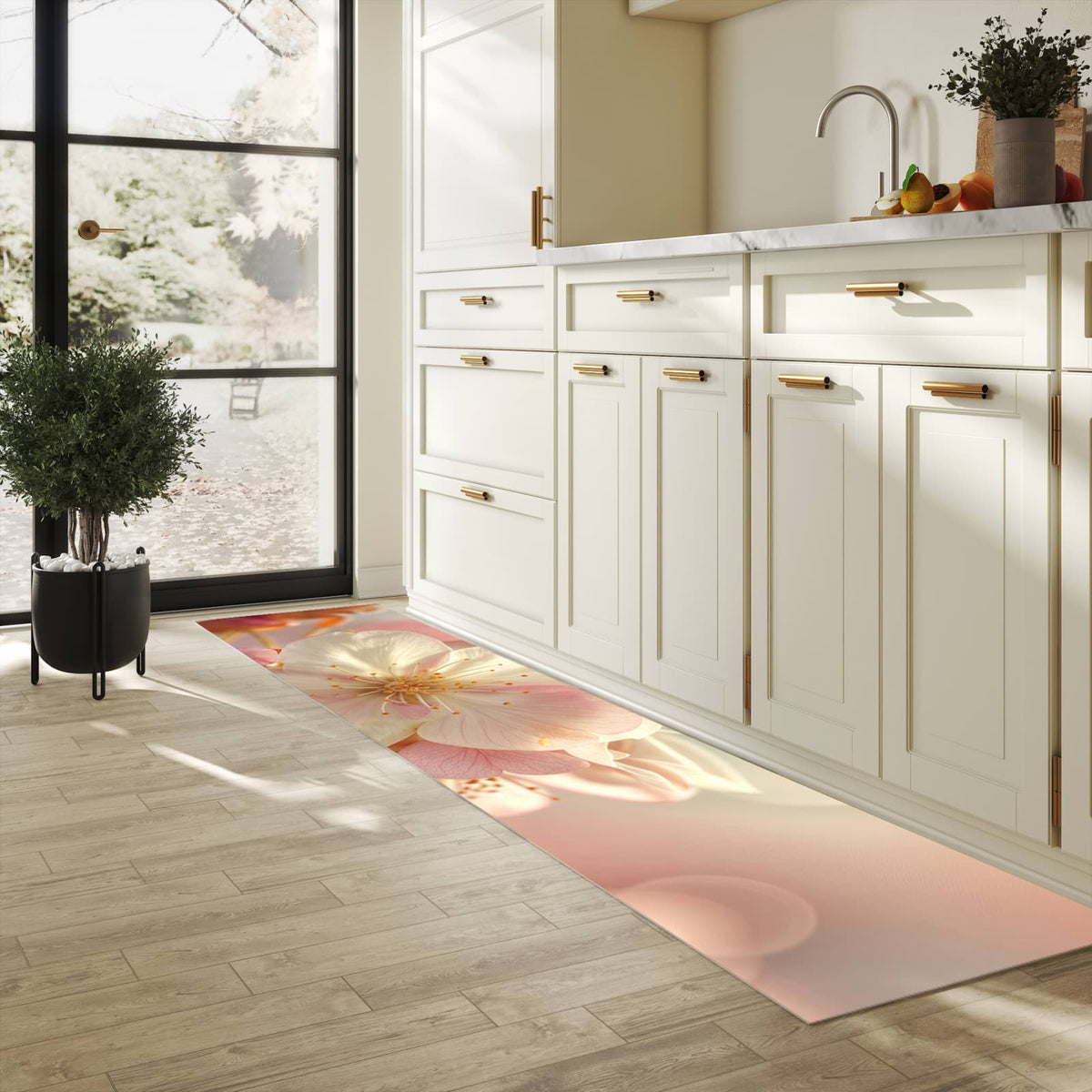 Küchenteppich Rosa Frühlingsblüten 60 × 300 cm in einer hellen Küche am Fenster