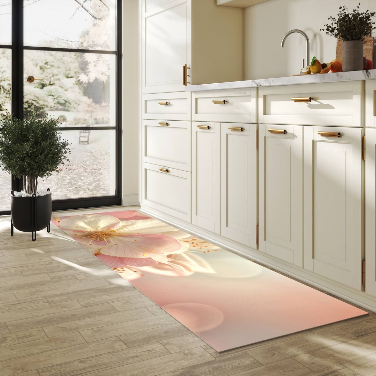 Küchenteppich Rosa Frühlingsblüten 80 × 280 cm in einer hellen Küche am Fenster